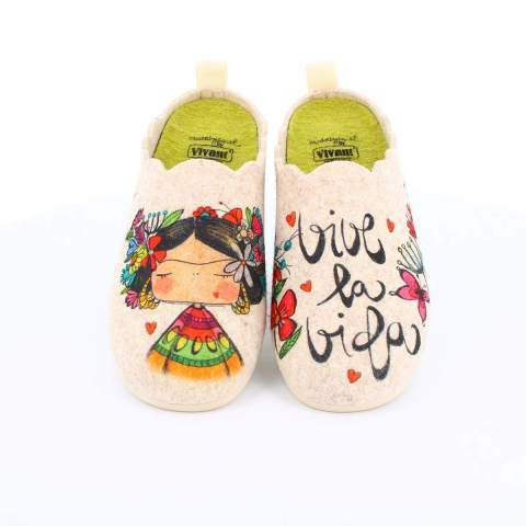 Zapatillas De Casa Para Mujer Vivant Feliz - Fabricadas En España, Fieltro Gris, Suela Antideslizante, Con Diseño De Muñeca