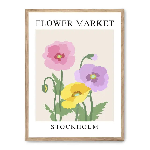 Cuadro flower market x 30x40cm, Póster impreso en papel de primera calidad de 180gr, montado sobre marco de madera MDF acabado roble., Arte - Pinturas