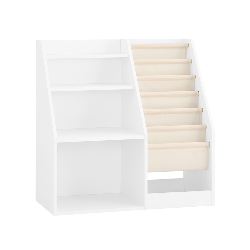 SoBuy Estantería Infantil Montessori con 3 Estantes y Cesta, Blanco, 92.5x47x14.5cm, Multifuncional y de Ahorro de Espacio