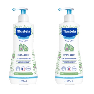 Mustela - Loción corporal Hydra Bébé con aguacate BIO para piel normal de recién nacido, pack duplo 2x500 ml