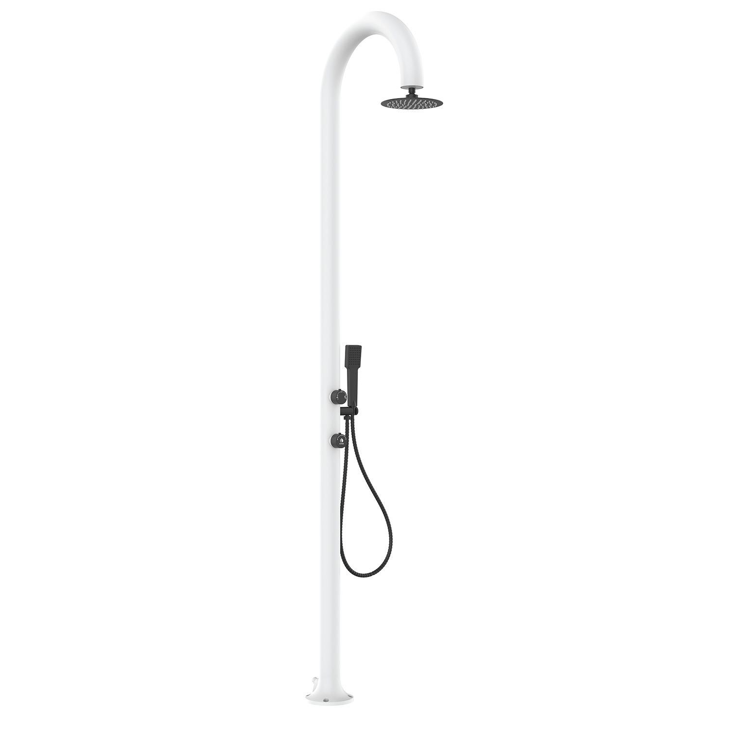 SINED Ducha Jardín Blanca de Aluminio con ducha de mano Agua Caliente y Fría Alcachofa Antical Doble Conexión Inferior y Lateral Ideal para Interiores o Exteriores Modelo LUNA ALU D BIANCA