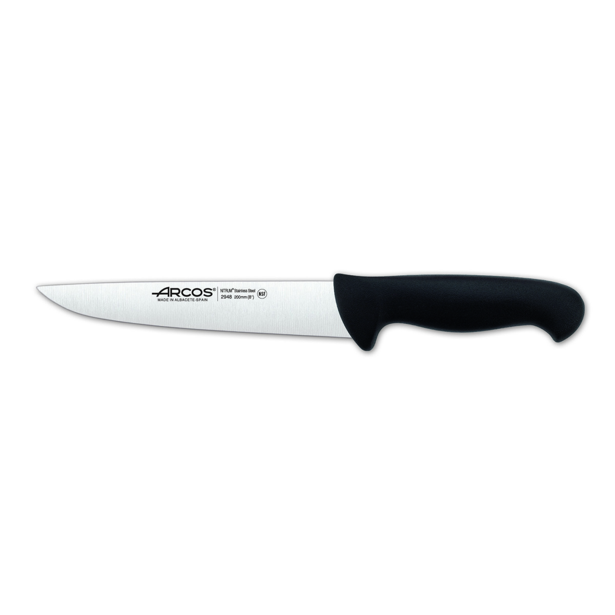 Cuchillo de Carnicero Arcos Colour - Prof 294825 de Acero Inoxidable Nitrum y Mango Ergonómico de Polipropileno de Color Negro y Hoja de 20 Cm, Funda Display - Corte Preciso y Eficiente