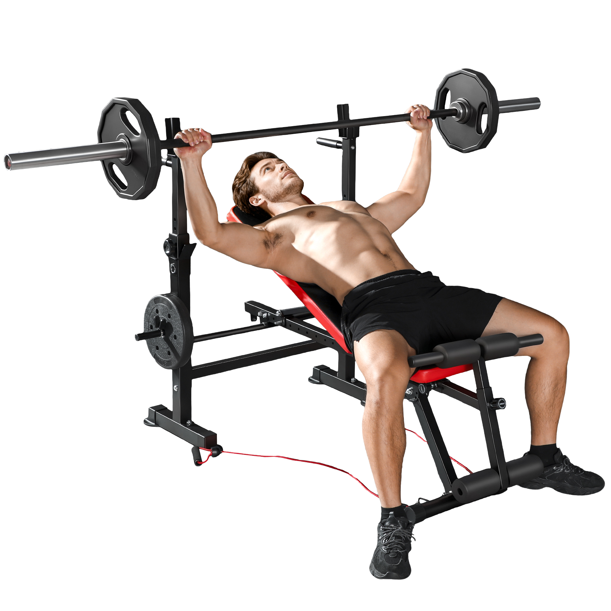 SPORTNOW Banco de Musculación Multifuncional, Carga 300 kg, Banco de Pesas Inclinable con Soporte para Barras Ajustable, Asiento y Respaldo Regulable, para Entrenamiento Completo en Casa Gimnasio