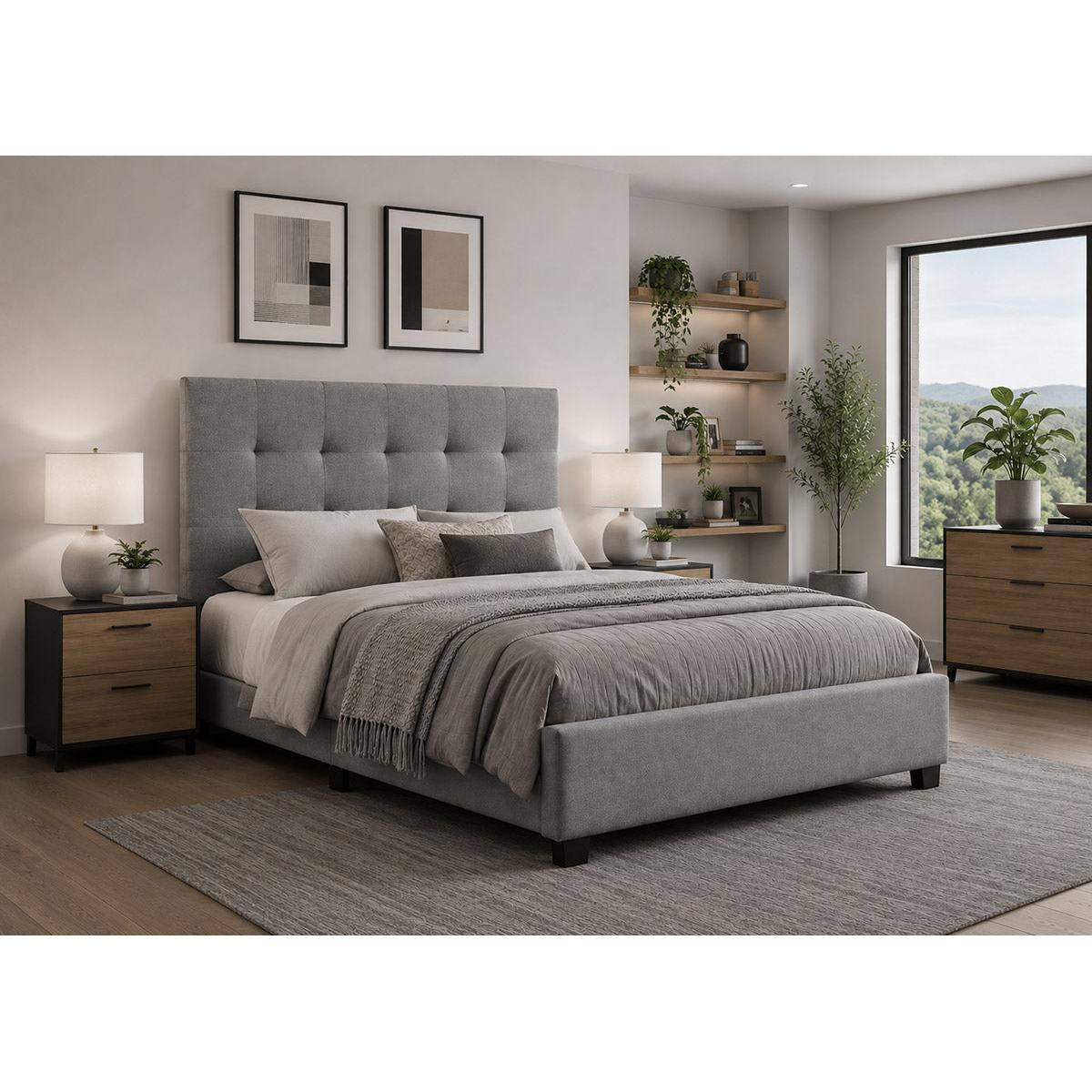 Cama de Matrimonio con Somier Emily 135cm Gris + Colchon TOP Viscoelastico de 28 cm