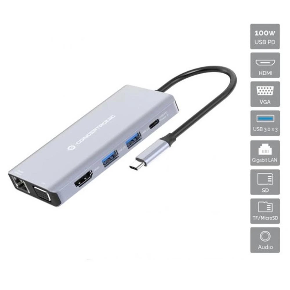 HUB Switch puertos HDMI, VGA, USB-C PD, USB 3.0 (USB 3.2 Gen 1 5 Gb/s), lector SD, lector TF, Gigabit Ethernet (GBE), AUX (salida de audio) CONCEPTRONIC DONN20G | Gris