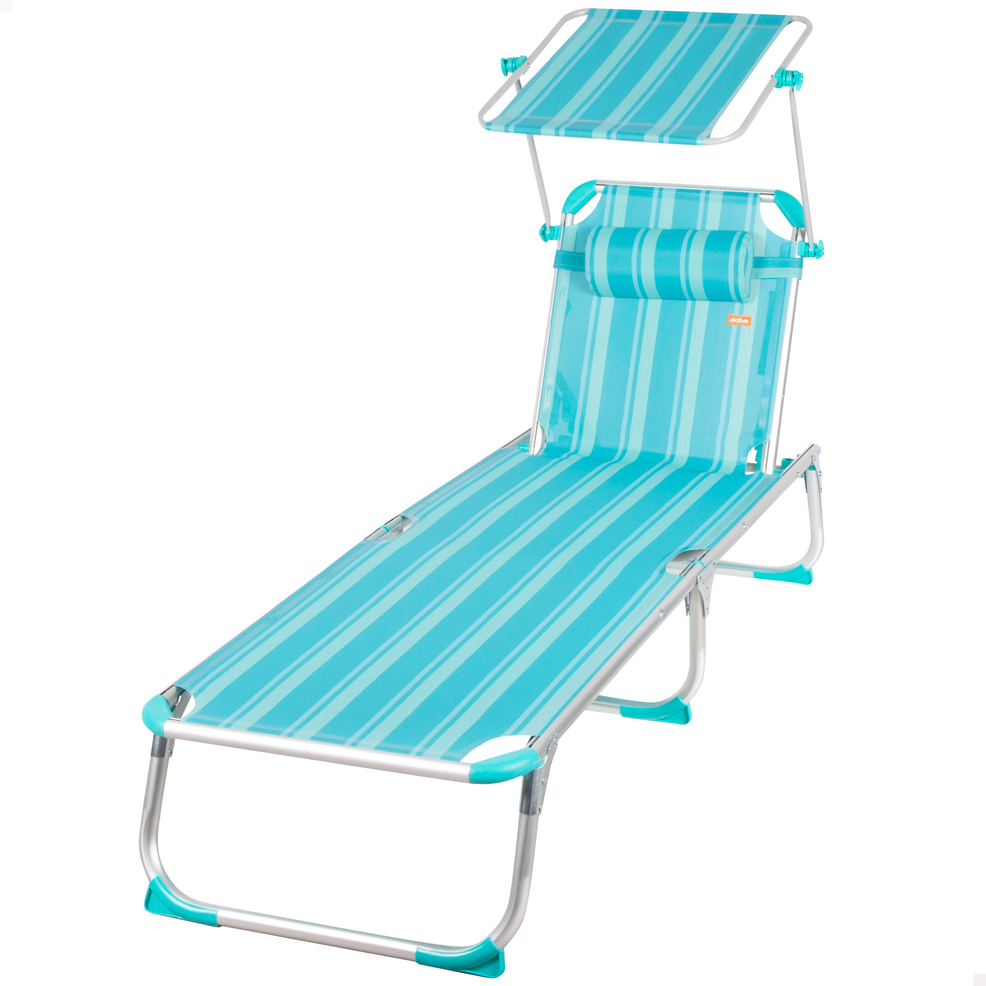 Aktive - Tumbona plegable playa, respaldo reclinable 5 posiciones, 186x49x30 cm, incluye parasol, aluminio y textileno, topes antivuelco, cojín acolchado, soporta peso máx. 110 kg, hamacas de playa plegables