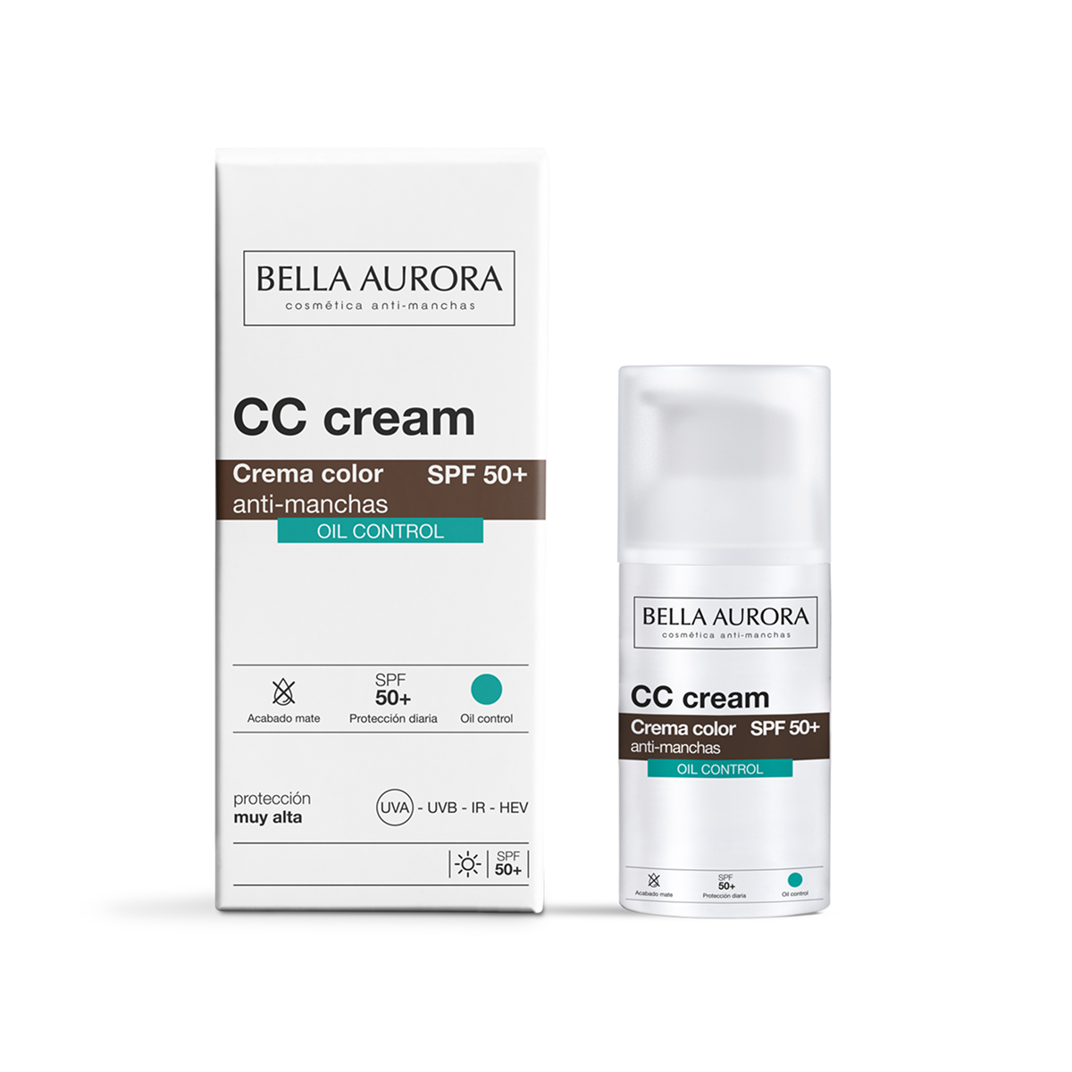 Bella Aurora Crema Facial Anti-Manchas Oil Free SPF 50+ | CC Cream | Protector Solar Anti-Manchas | Matifica la Piel | Piel Grasa o Mixta | 30 ml