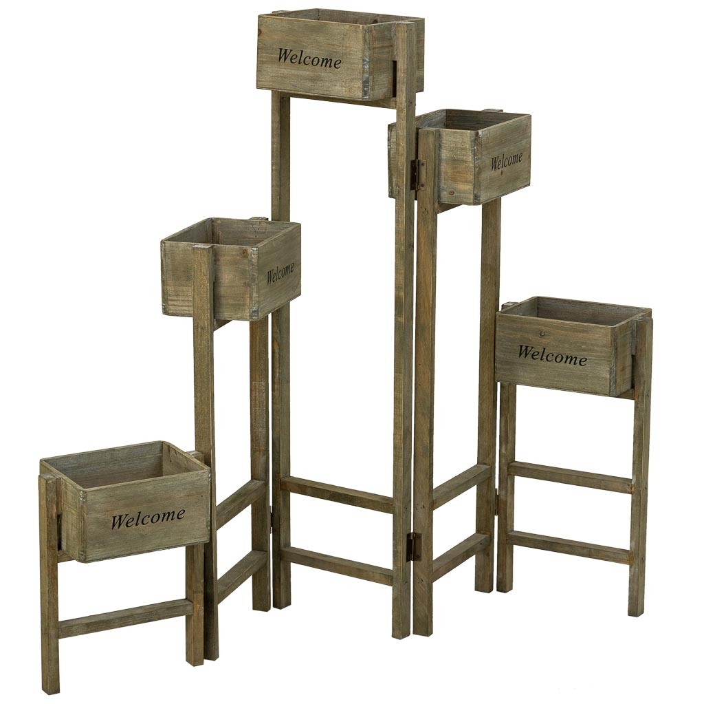 WANDERLUST DECO Soporte con 5 Cestos de Madera Marrón para Macetas - Estructura Decorativa Ahorra Espacio