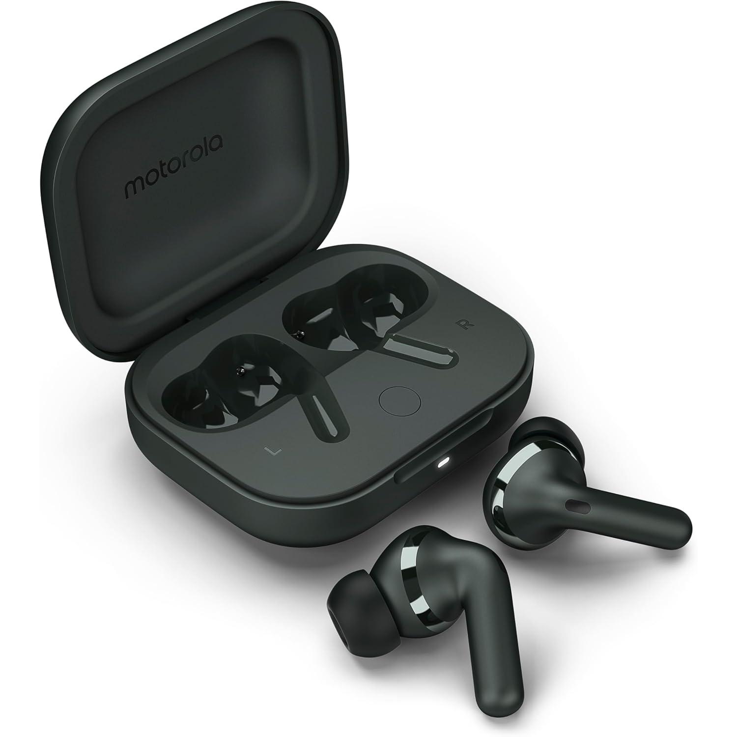 motorola, Auriculares Moto Buds+ con Sound by Bose, Dos Controladores dinámicos y Sonido de Optima resolución, Dolby Head Tracking y Dolby Atmos, cancelación Activa de Ruido dinámica, Negro