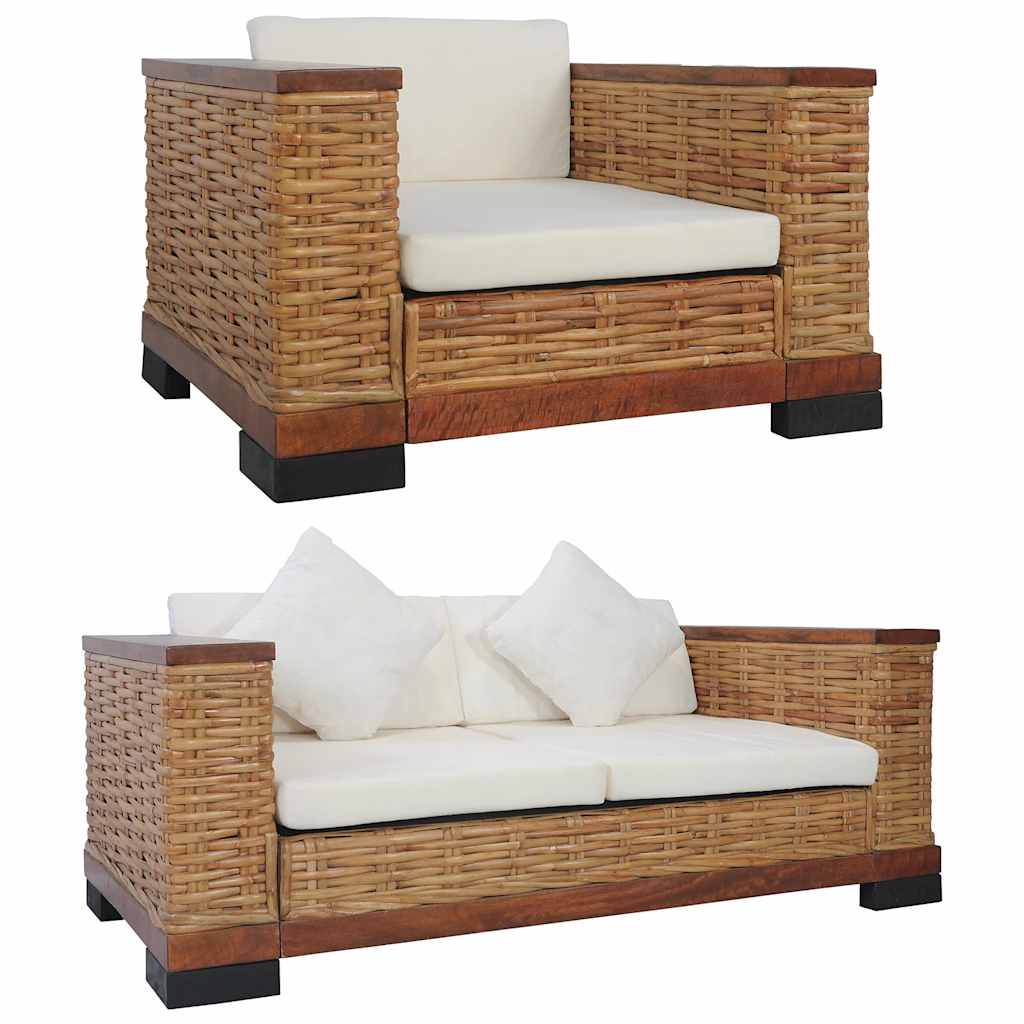vidaXL Juego de sofás con cojines 2 piezas ratán natural marrón