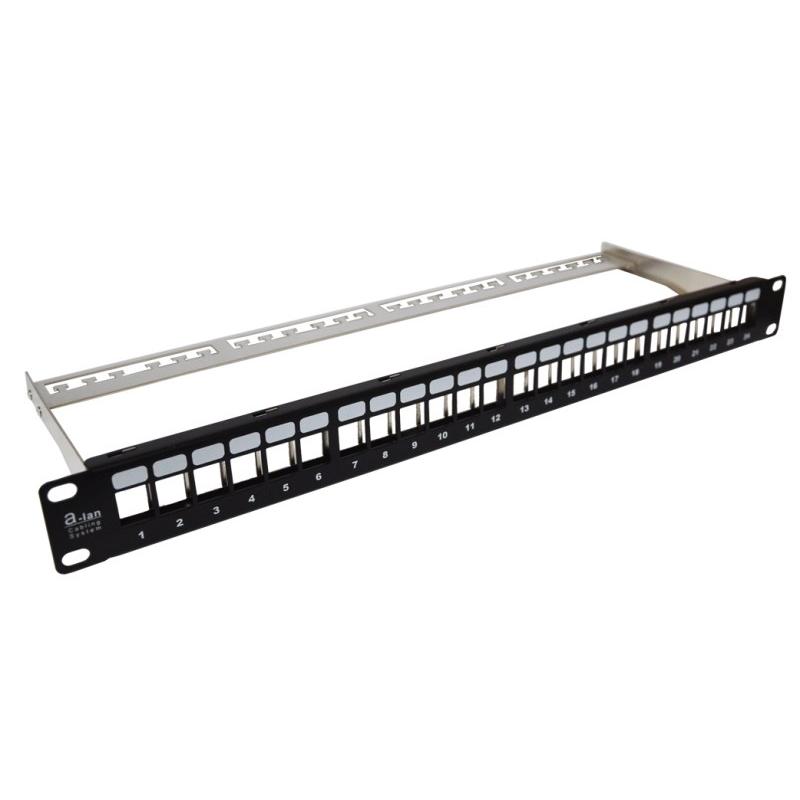 Patch panel vacío 19" modular 24 puertos 1U con soporte, sin equipar ALANTEC