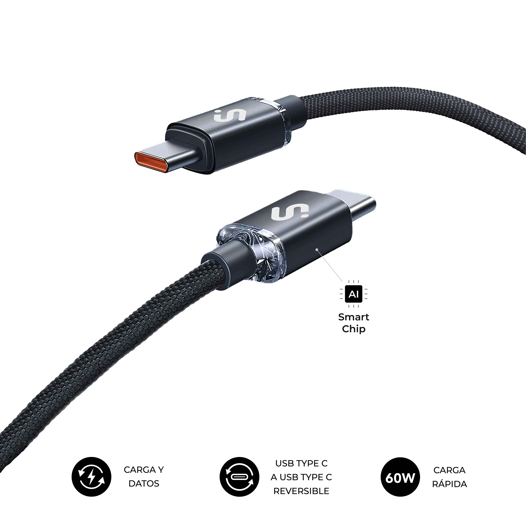 SUBBLIM Cable USB-C a USB-C Optimus, 60W, 1m, Negro, Nylon Trenzado