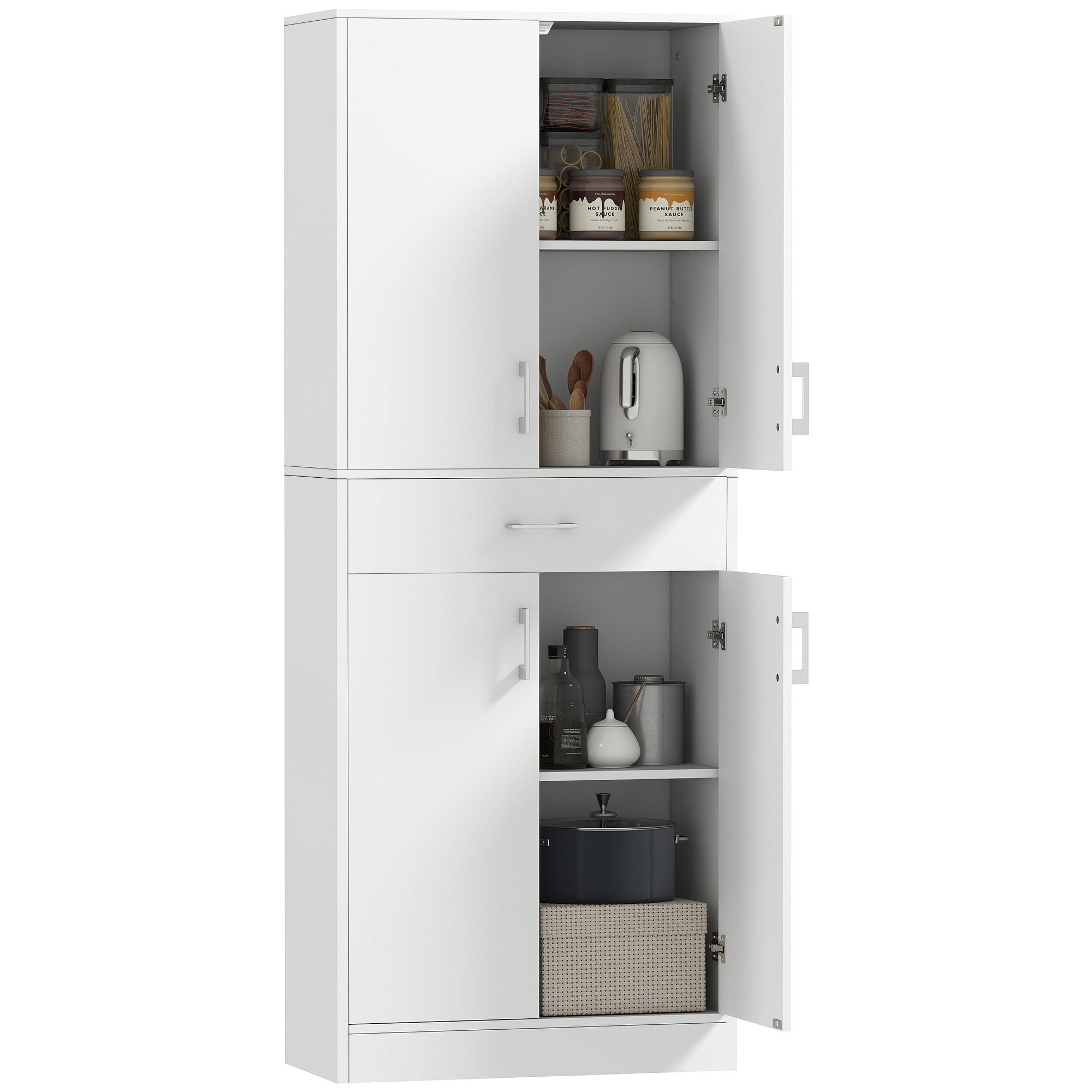 HOMCOM Alacena de Cocina con 4 Puertas 1 Cajón y Estantes Ajustables Antivuelco Armario de Cocina Moderno para Comedor Salón 70,8x34x180 cm Blanco y Plata