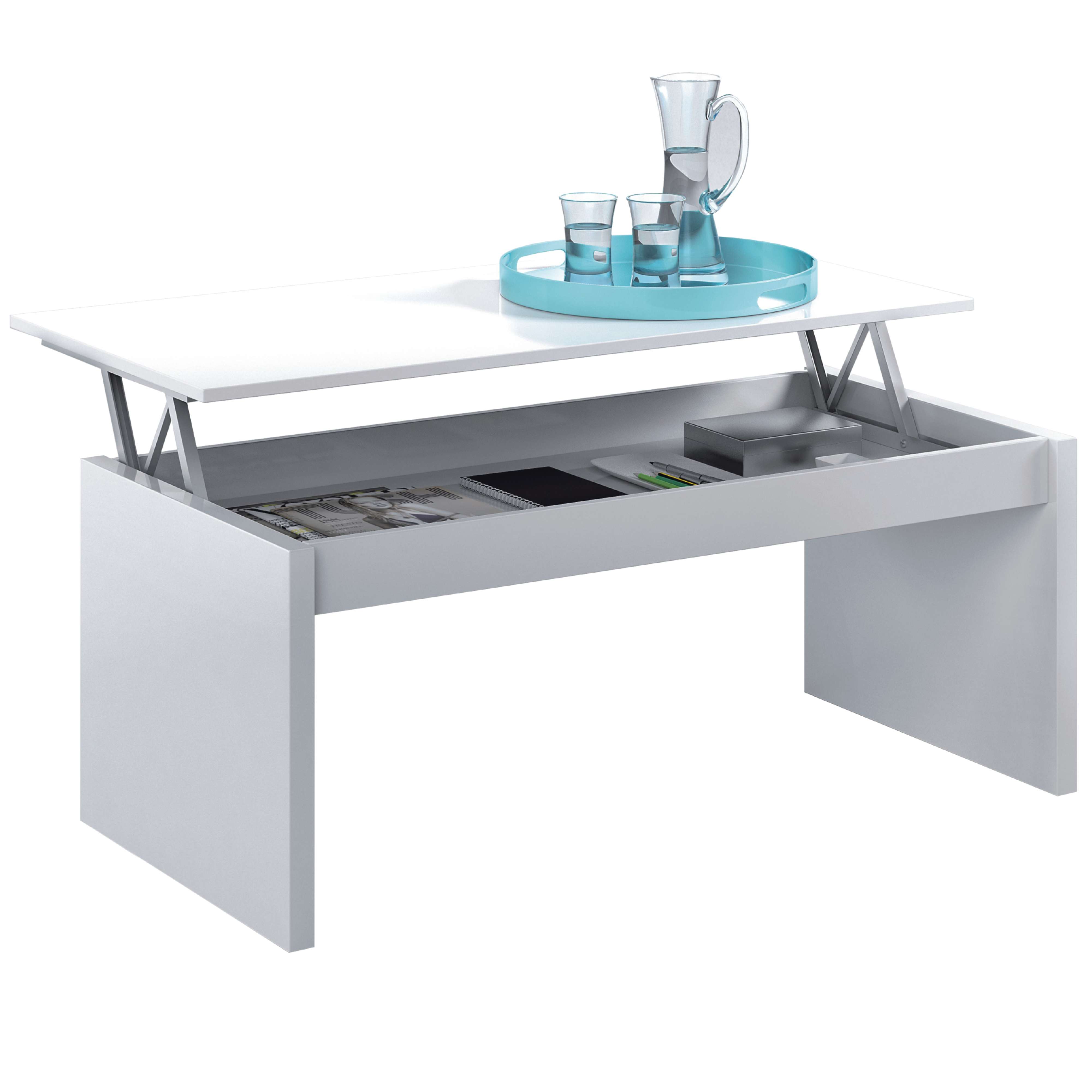 Miroytengo Mesa de centro salón comedor elevable color blanco brillo 50x100x43 cm