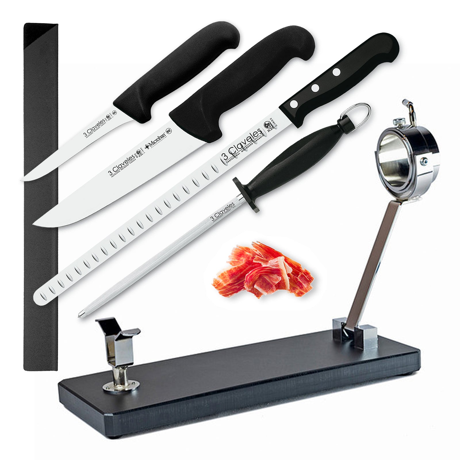 BELLO Mont Blanc - Soporte Jamonero Profesional Plegable. Cuchillos Pinzas y Chaira. Negro