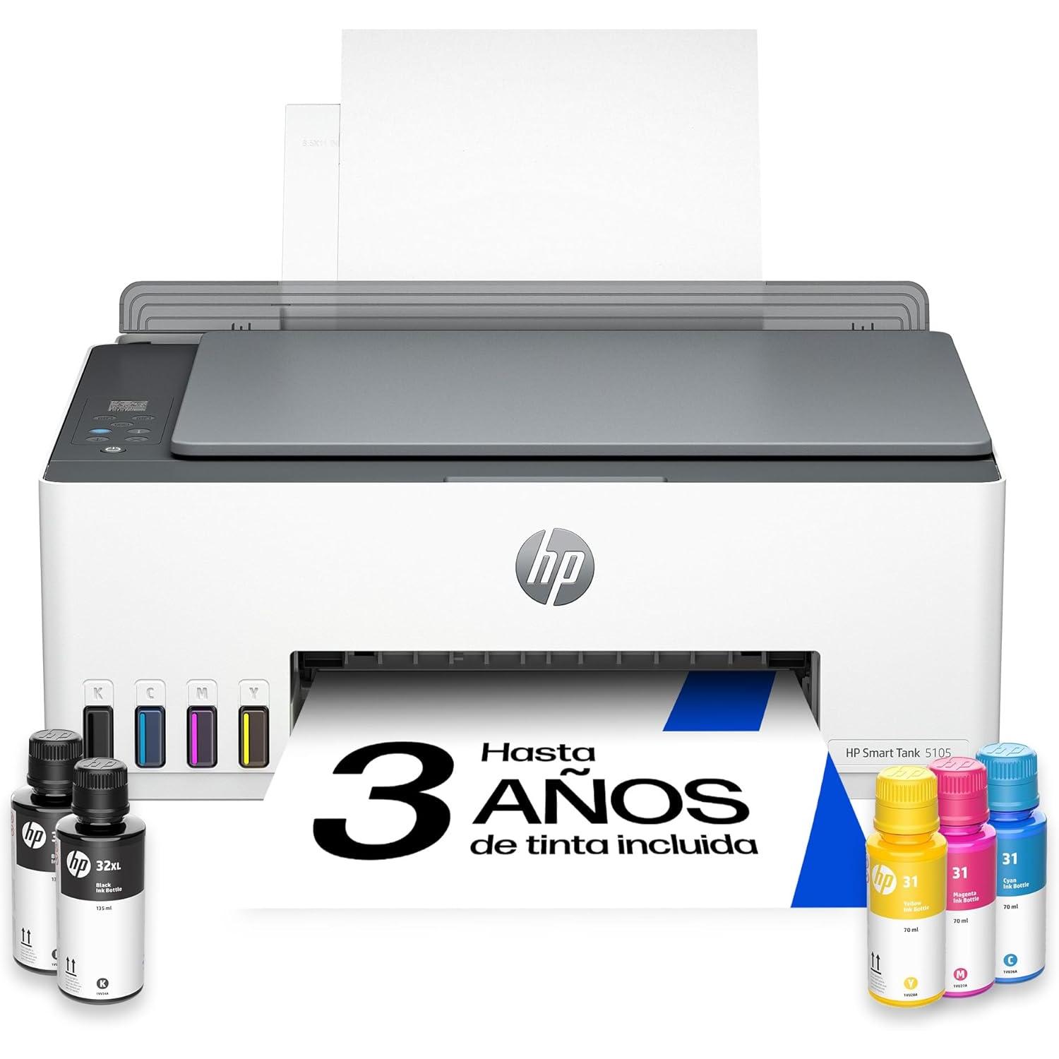 HP Smart Tank 5105 Impresora Recargable Multifunción | Incluye Tinta para Imprimir | Imprime, Escanea y Copia Blanco & Negro y Color | Deposito de Tinta Grande | Wi‑Fi | 3 Meses de Instant Ink Incluidos, Blanca