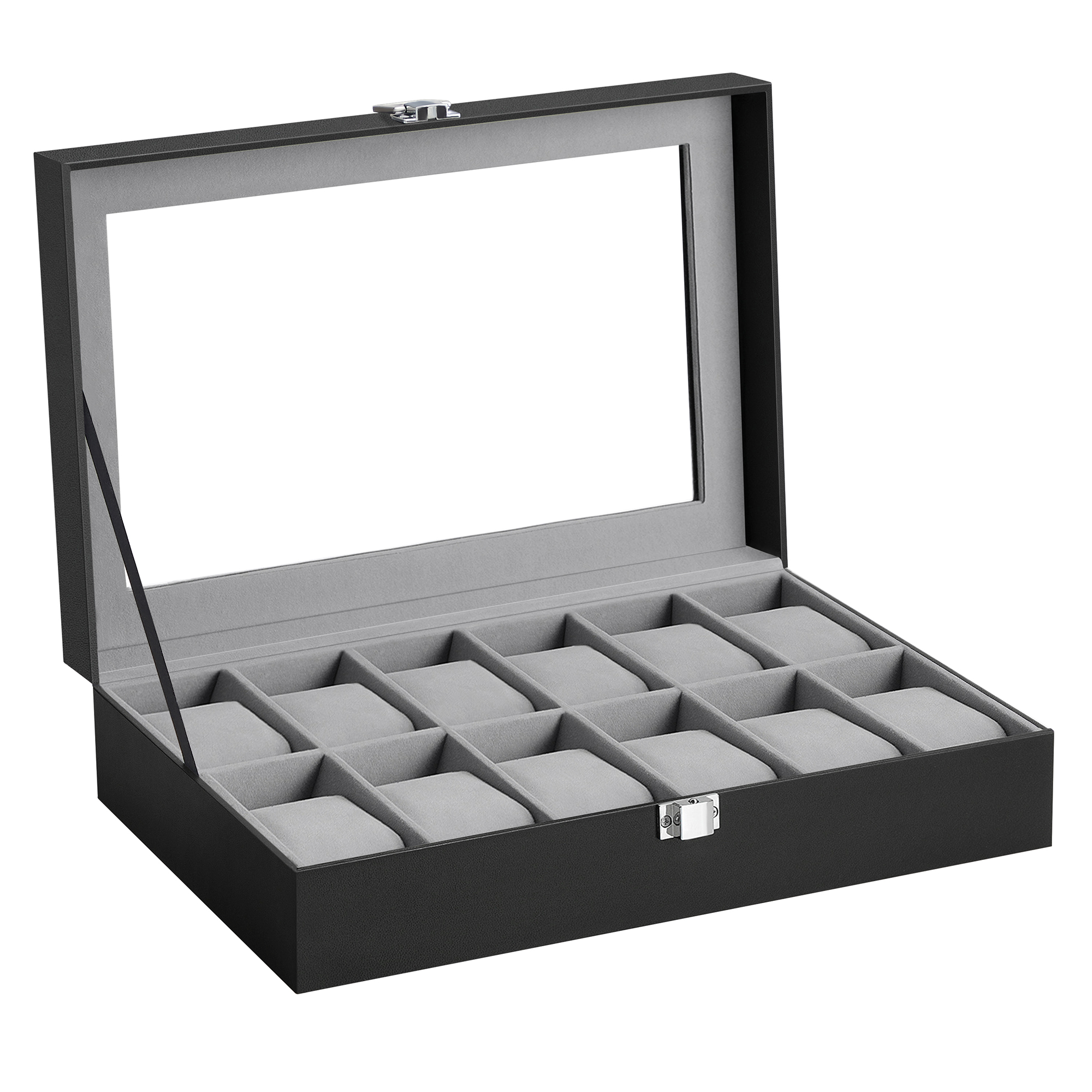 SONGMICS Caja de Relojes con 12 Compartimentos, Estuche de Relojes con Tapa de Cristal, Cojín Extraíble, Cierre Metálico, Cuero Sintético Negro y Forro Gris/Negro/Negro y Biege/Negro y Forro Rojo Burdeos/Blanco Nube y Beige Capuchino/Marrón Café