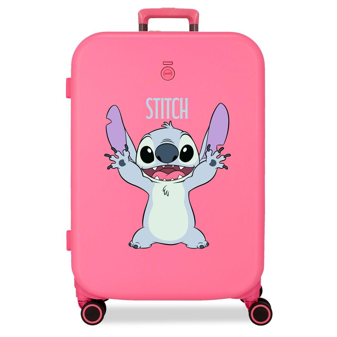 Maleta mediana Stitch Playful de 48 cm x 70 cm x 28 cm. Tiene una capacidad de 79L y pesa 4 kg. Fabricada en ABS, un material resistente y ligero.