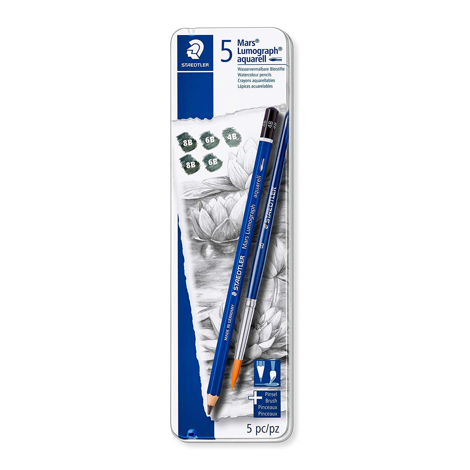 STAEDTLER Mars Lumograph - Caja Metálica con 5 Lápices Acuarelables con Pincel Incluido