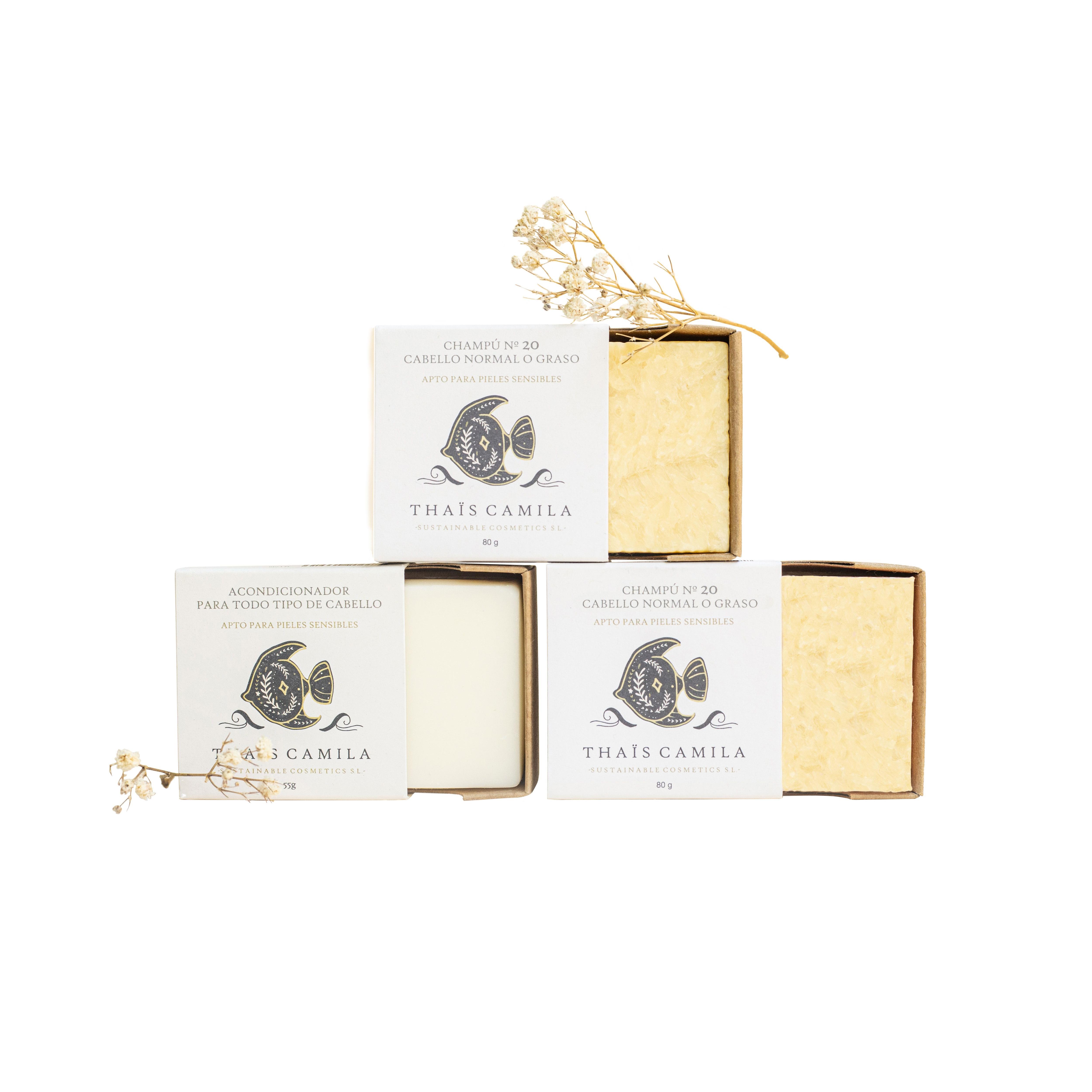 Thaïs Camila | Pack - Pelo Normal O Graso | 2 Champús + Acondicionador | Sin Sulfatos, Ni Siliconas, Ni Btms Pequeño