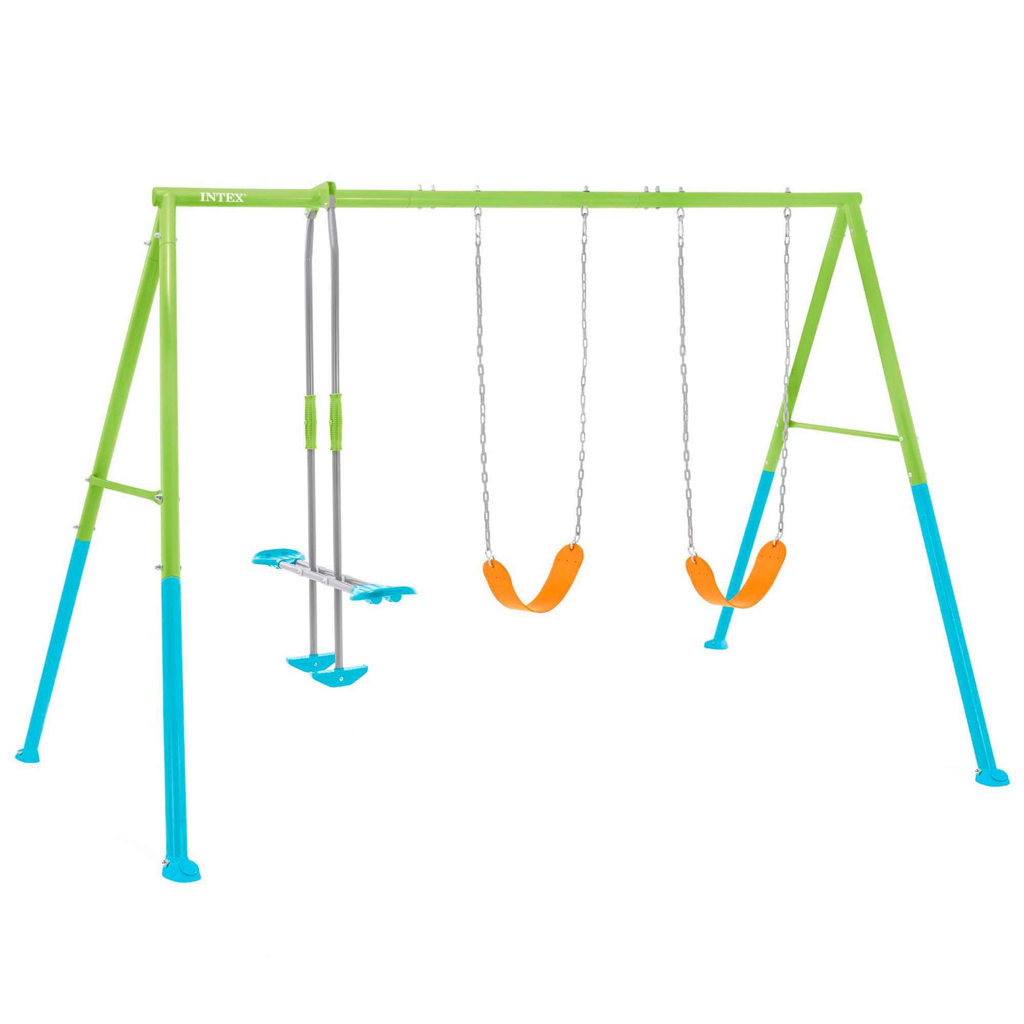 INTEX - Columpio de metal con balancín doble plaza y asiento, regulable en altura, máx 144 kg seguro y resistente, columpios para niños 3-10 años, juegos exterior, certificado CE
