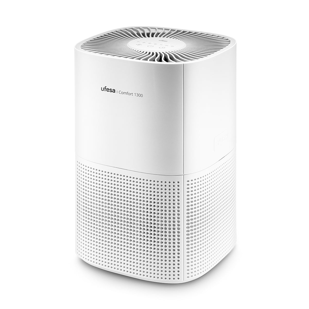 Ufesa - Purificador de aire Comfort 1300 con filtro HEPA, CADR 130 m³/h y cobertura hasta 55 m² para salas, oficinas y dormitorios, funcionamiento silencioso ≤55 dB y 3 velocidades