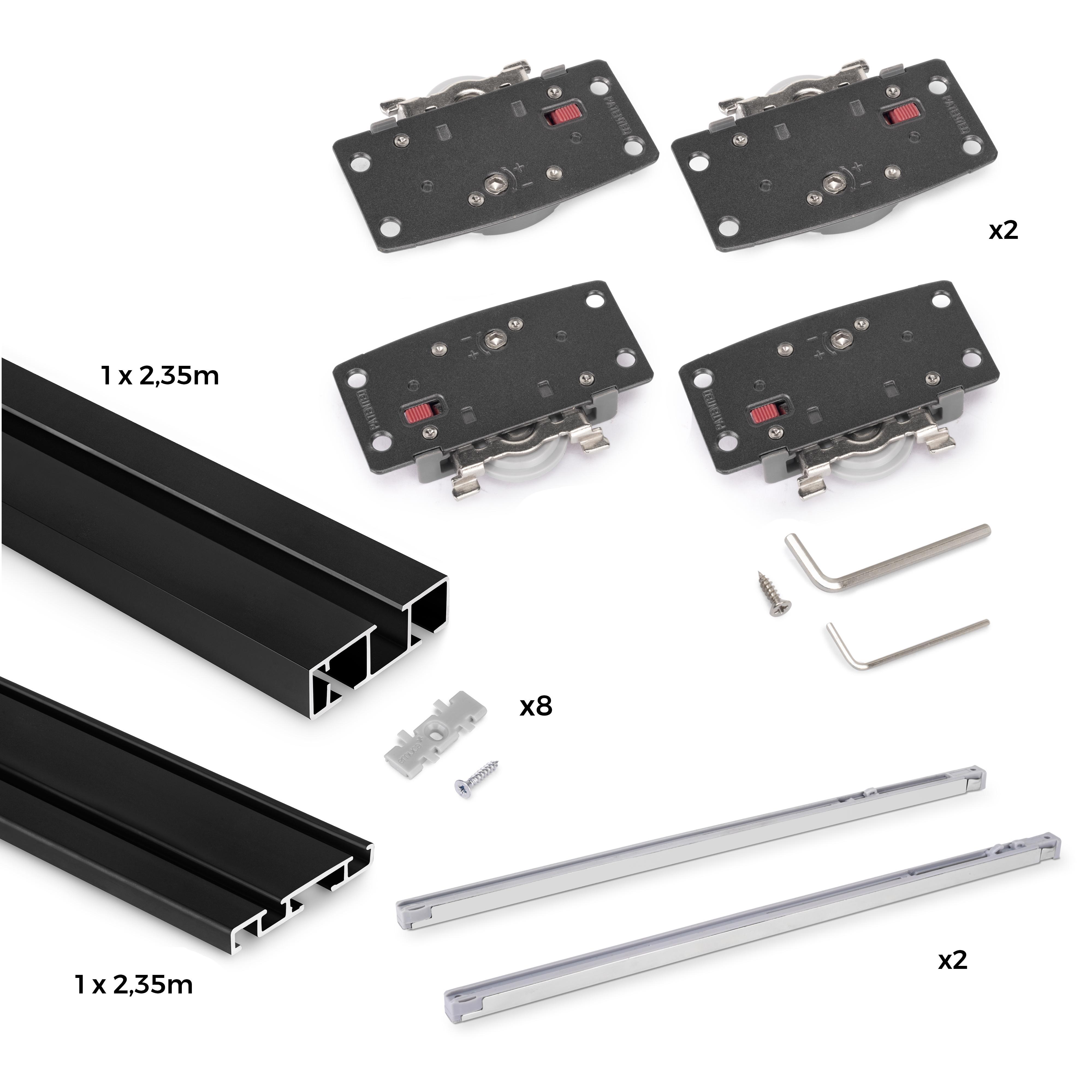Kit de herrajes para armario 2 puertas correderas y cierre suave flow2 con carriles de superficie 2.35m, tableros no incluidos, pintado negro