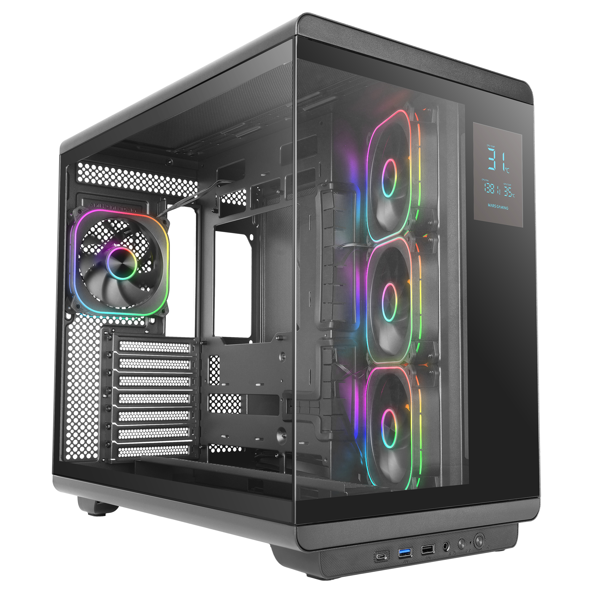 Mars Gaming MC-REVPRO, Caja PC ATX, Pantalla LCD 4.3", Cristal Templado Continuo, 4 Ventiladores PWM ARGB, Refrigeración Líquida hasta 360mm, Compatibilidad Placas Base Conector Inverso, USB-C, Semitorre PC Negra o Blanca