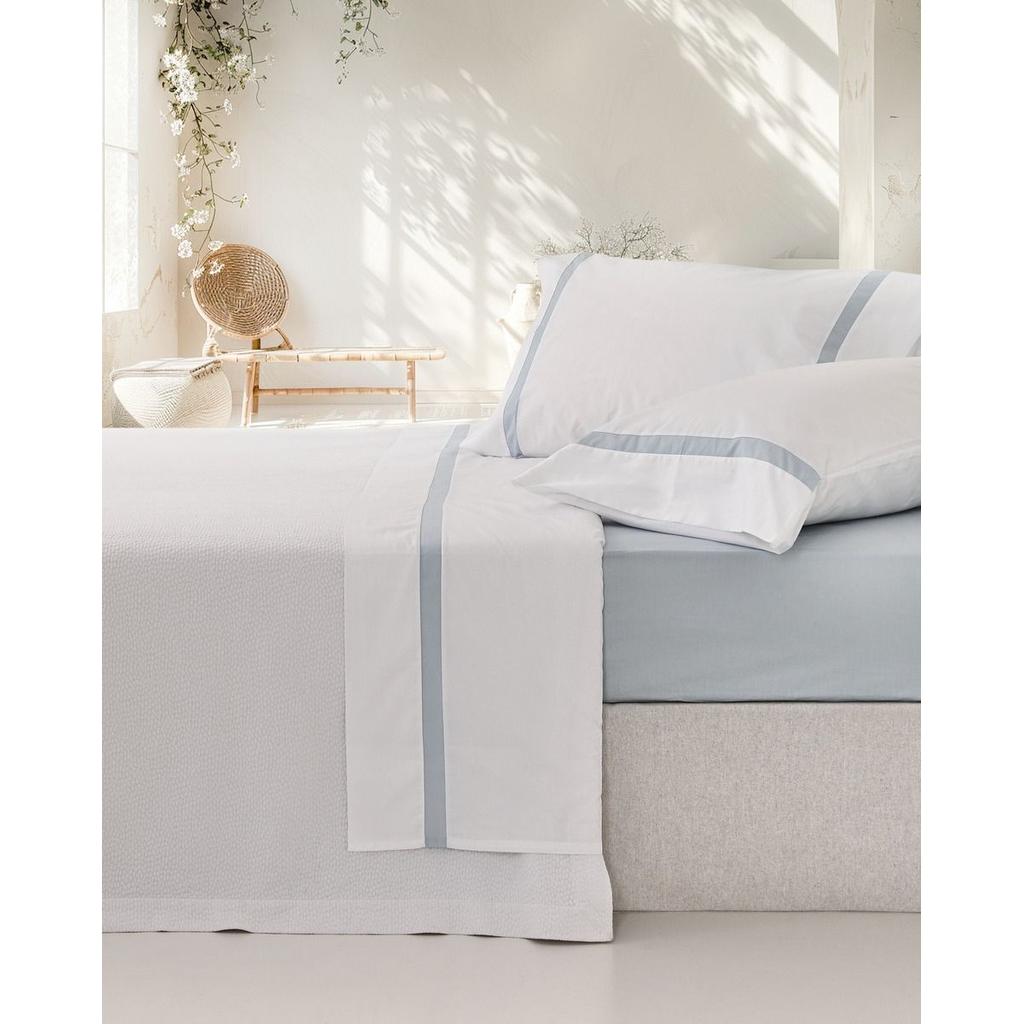 Juego de Sábanas 100% Algodón, Percal Peinado 200 Hilos, Color Blanco-Azul, Vidal Home