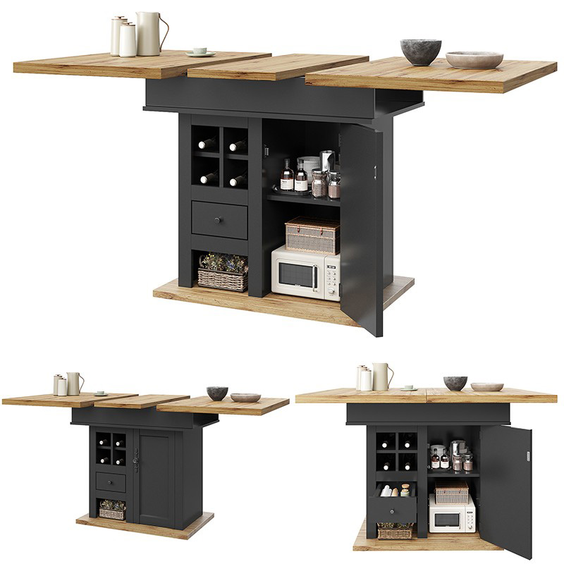 Table à manger extensible noire et effet bois 110 à 140 x 80 cm avec rangements, tiroirs et espace pour bouteilles