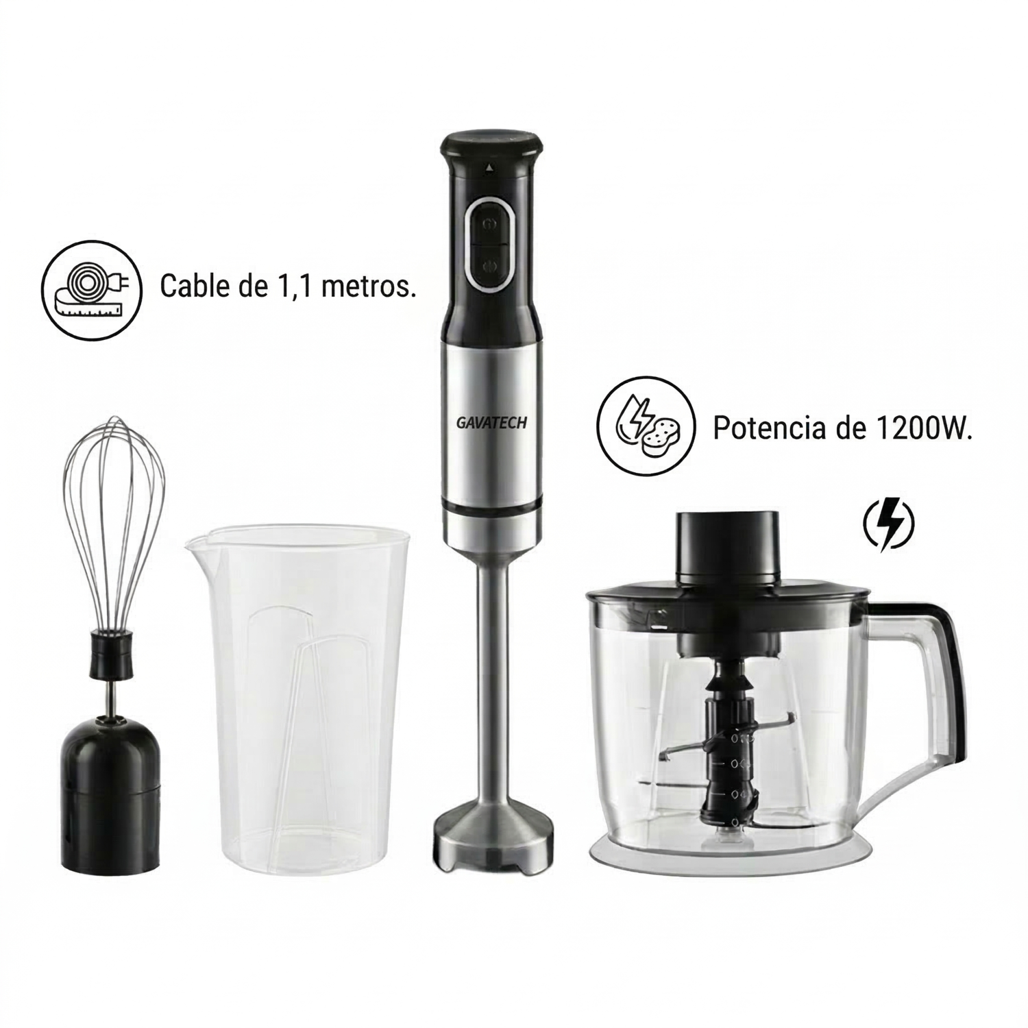 GAVATECH Batidora de Mano 1200W – Kit 3 en 1 con Picadora de 800ml, Varilla Batidora y 4 Cuchillas de Titanio. Cable 1.1m