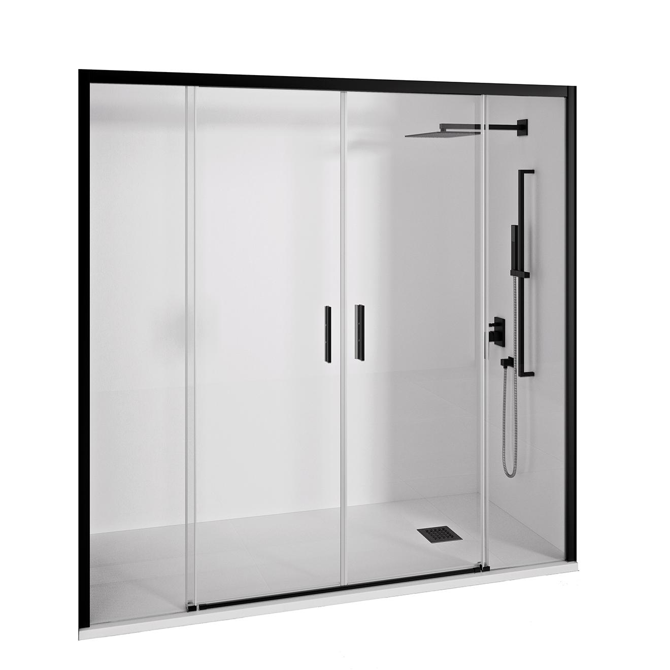 Mampara de ducha frontal 2 hojas correderas + 2 fijos sin perfilería inferior - Transparente - Cristal templado 6 mm Antical - Perfilería Plata Brillo o Negro Mate - Ancho adaptable