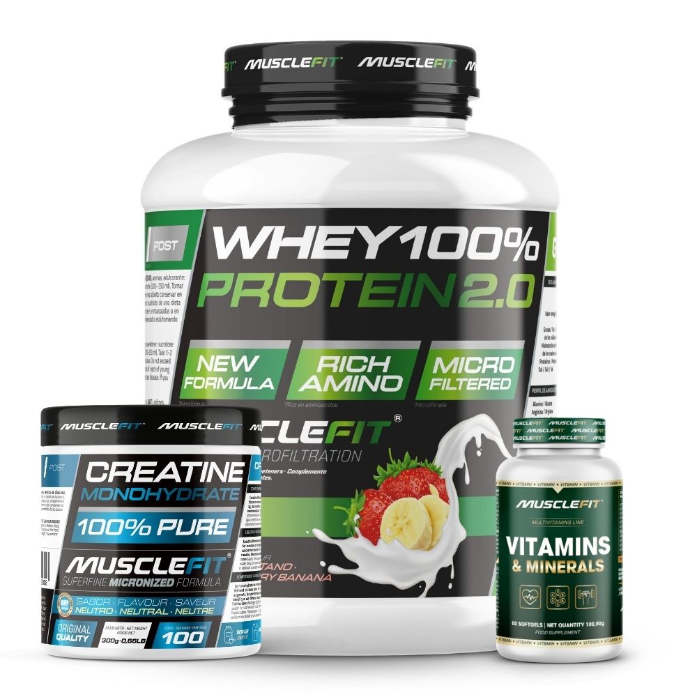 Pack WHEY 2kg + Creatina 300g + Multivitaminas 60 cáps - MuscleFit│Avance Muscular