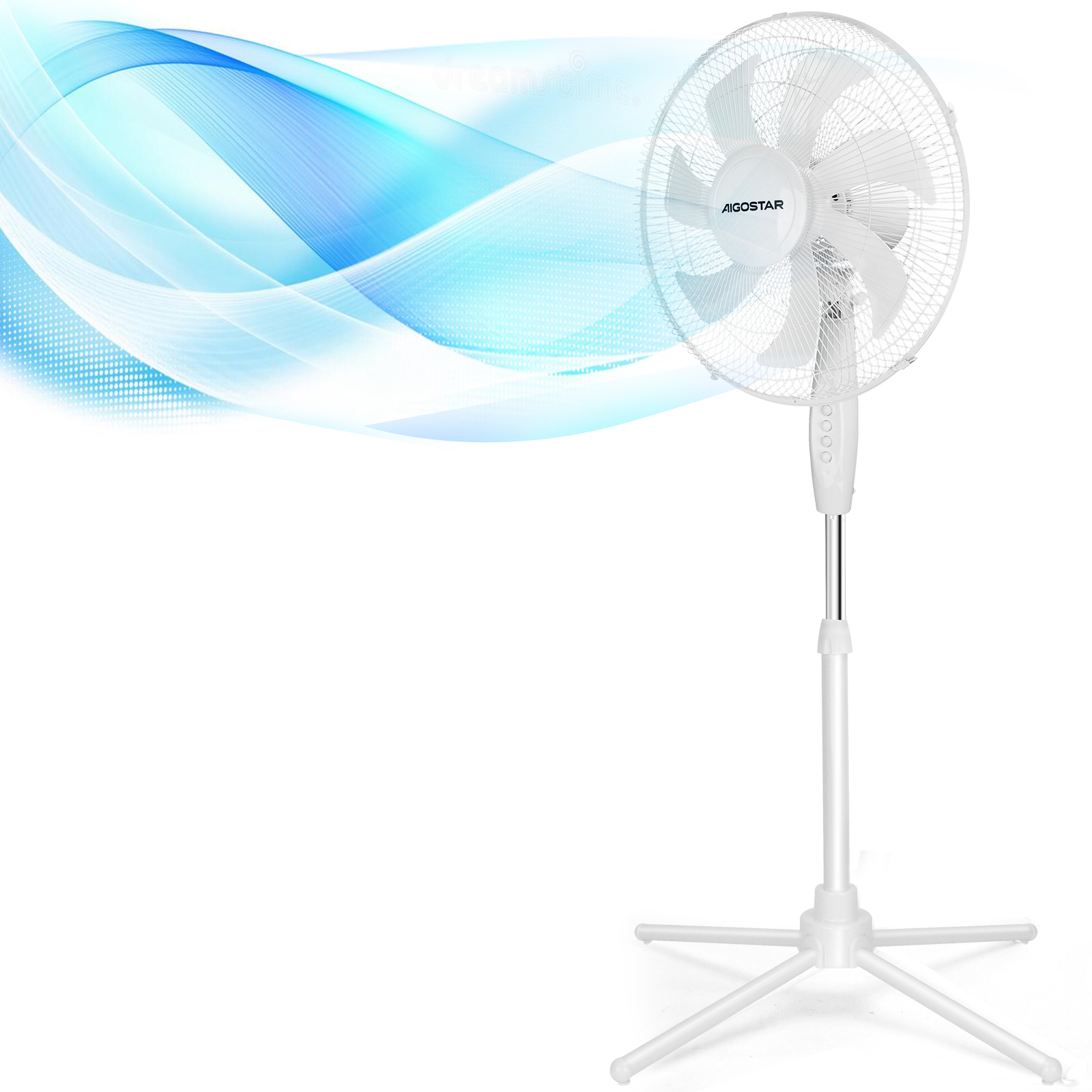 Aigostar Ventilador de Pie, 3 Velocidades, 7 Aspas, Oscilación 75°, Estable y Silencioso, Altura Regulable 108-125cm, 50W, Blanco