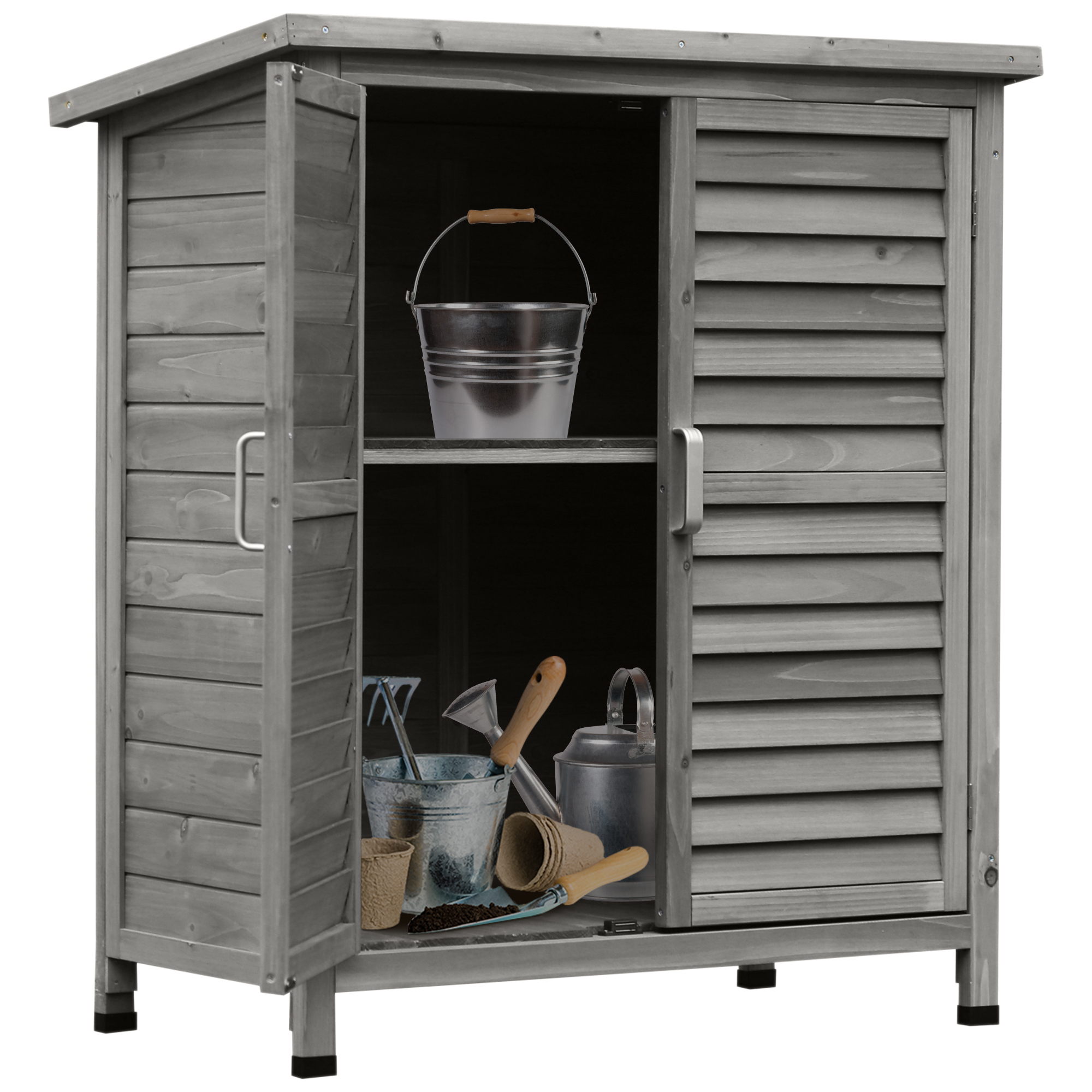 Outsunny Cobertizo de Almacenamiento de Madera para Jardín con 2 Estantes Interiores 2 puertas y Techo Inclinado para Exterior Terreza 87x46,5x96,5 cm