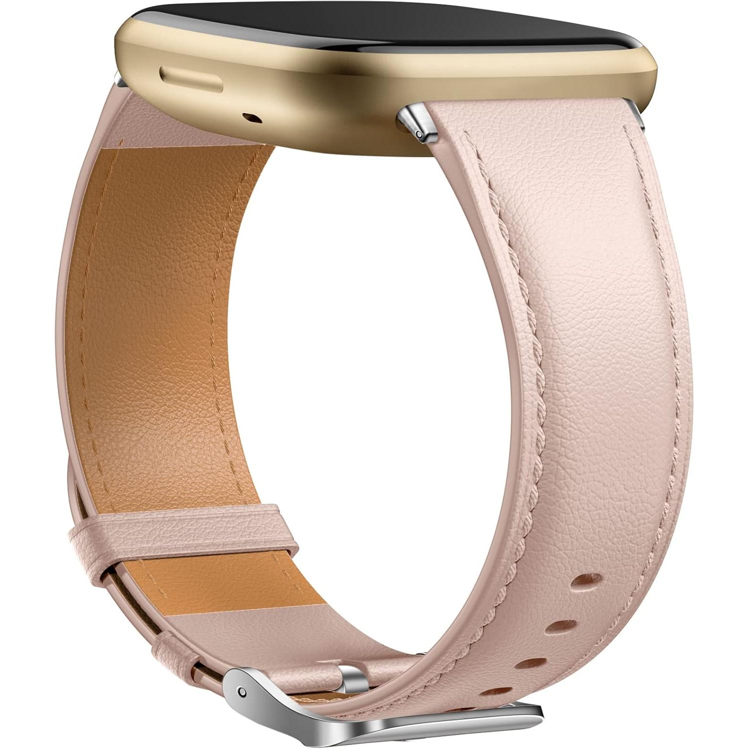 Correa de cuero compatible con Fitbit Versa 3/Fitbit Sense 2/Sense Strap, correa de repuesto elegante de cuero genuino, rosa claro