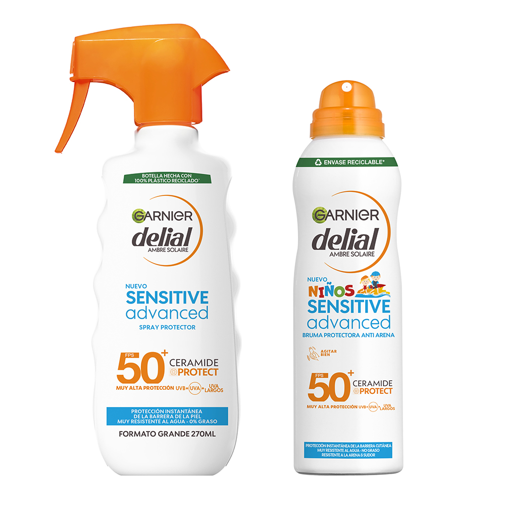 GARNIER | Pack Delial Spray Protector Sensitive Advanced Adultos crema solar para pieles claras, sensibles e intolerantes al sol IP50+. Muy resistente al agua, 0% graso, 0% pegajoso + Bruma Protectora Anti Arena para pieles sensibles - 270+150ML