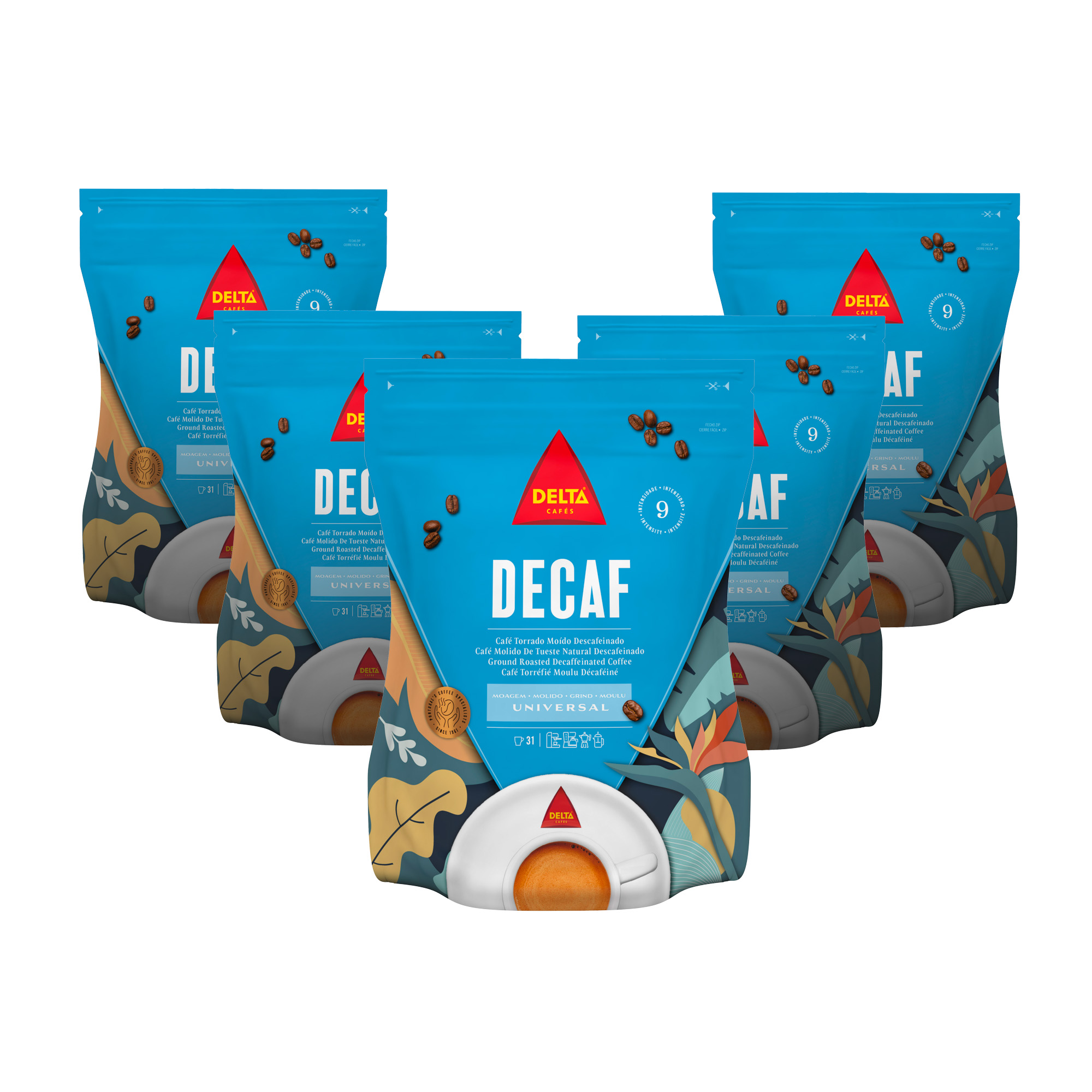 Delta Decaf - Pack Café Molido Descafeinado 5 uds x 220 gr - Aroma Rico en Notas de Caramelo, Vainilla y Frutos Secos