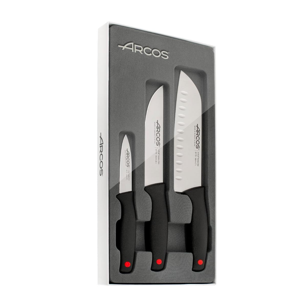Arcos Serie Monaco - Set de Cuchillos de Cocina 3 piezas (Mondador + Cocina + Santoku) - Hoja de Acero Inoxidable NITRUM - Mango de Polipropileno Color Negro