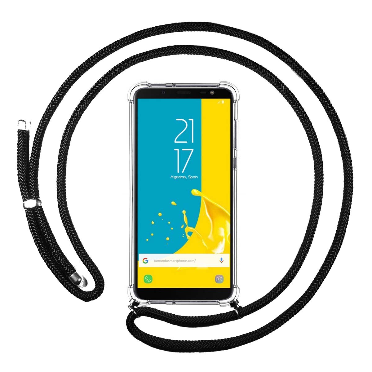 Tumundosmartphone Funda Colgante Transparente para Samsung Galaxy J6 (2018) con Cordon Negro