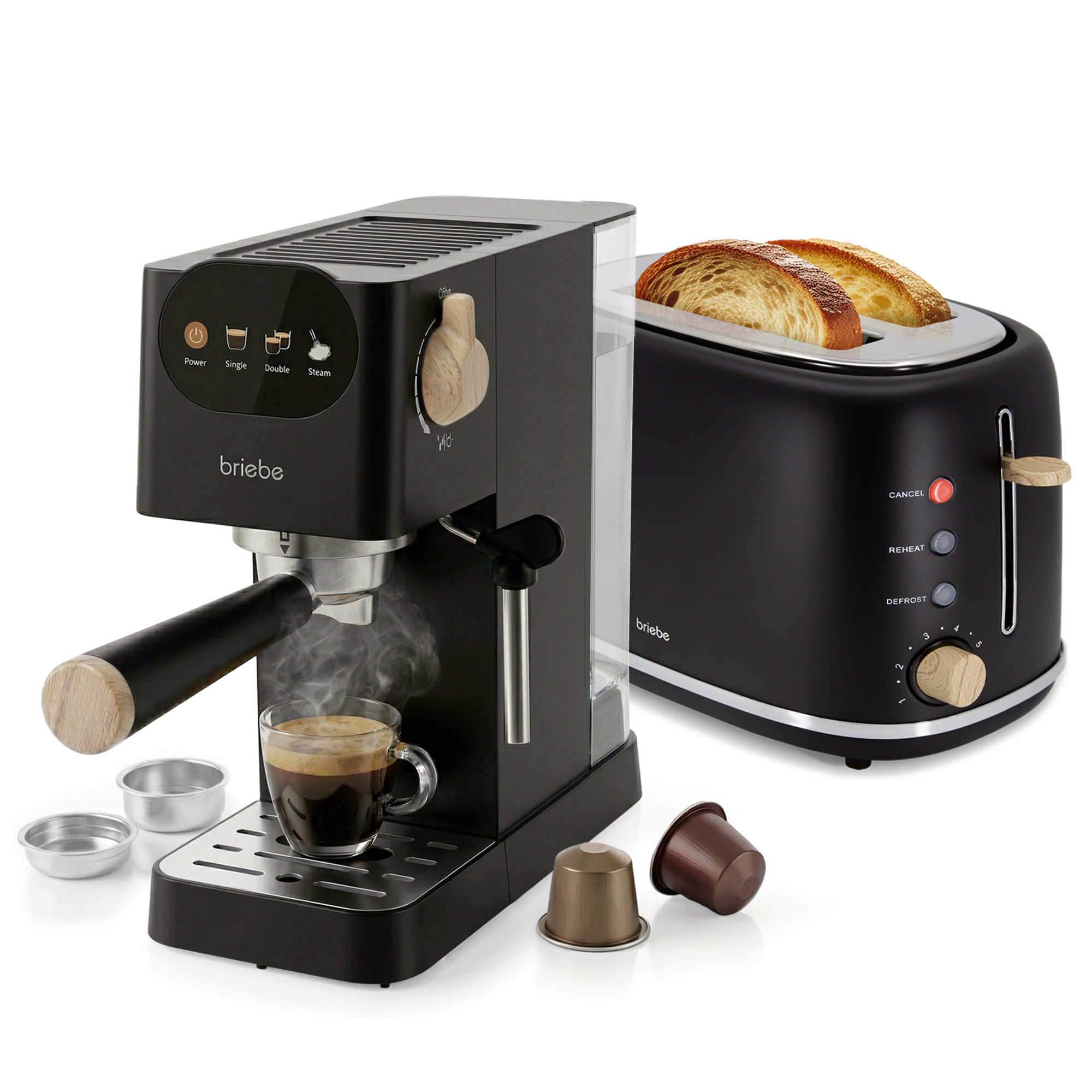 Briebe SKT1221BLK Nordic Set Cafetera 20 Bares Cápsulas, Café Molido Espumador Leche Tostadora 2 Rebanadas Anchas, 1350W, Negro