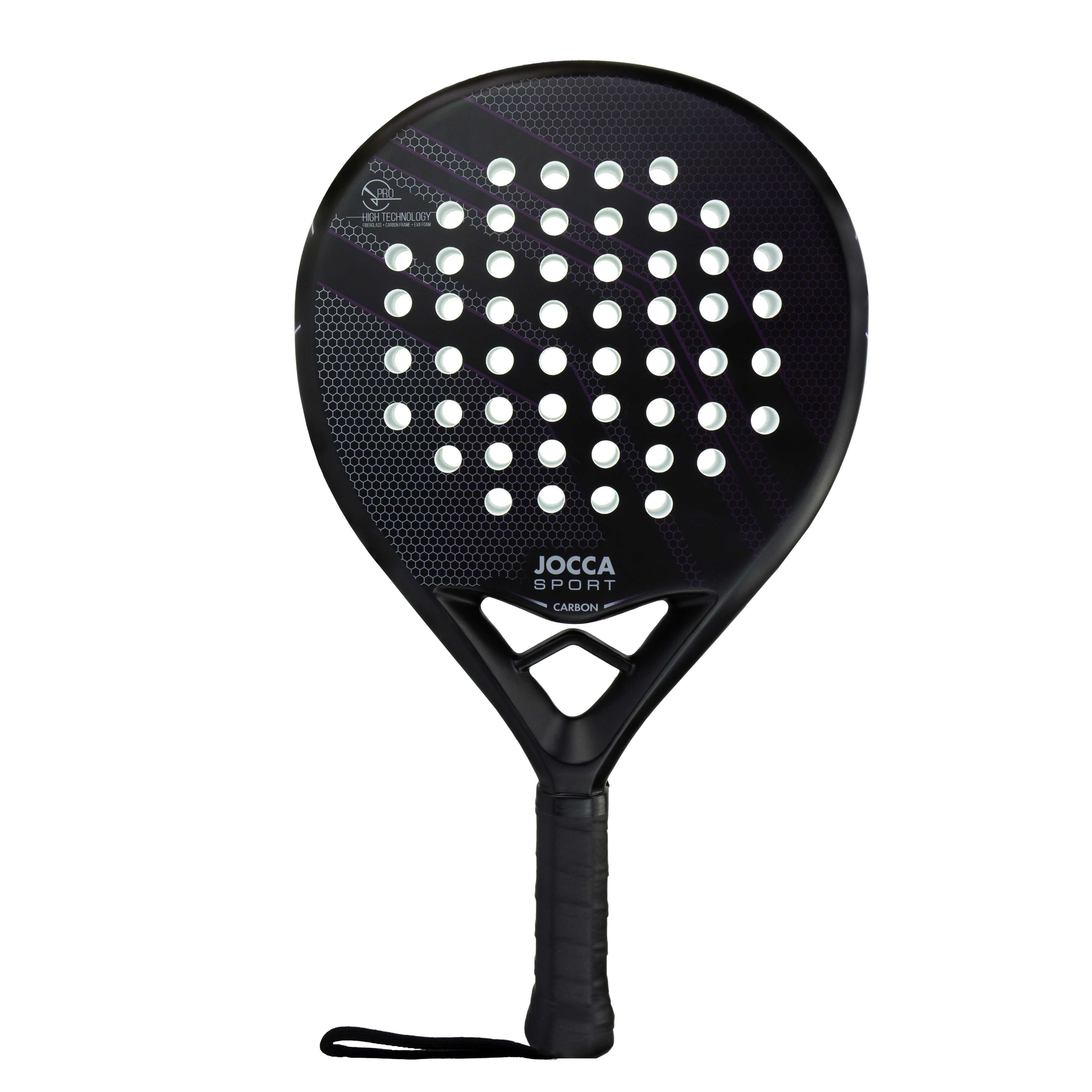 Raqueta de pádel Jocca para jugadores adultos medios o de iniciación con marco de fibra de vidrio y espuma EVA para aportar estabilidad y fijeza disponible en color negro y azul