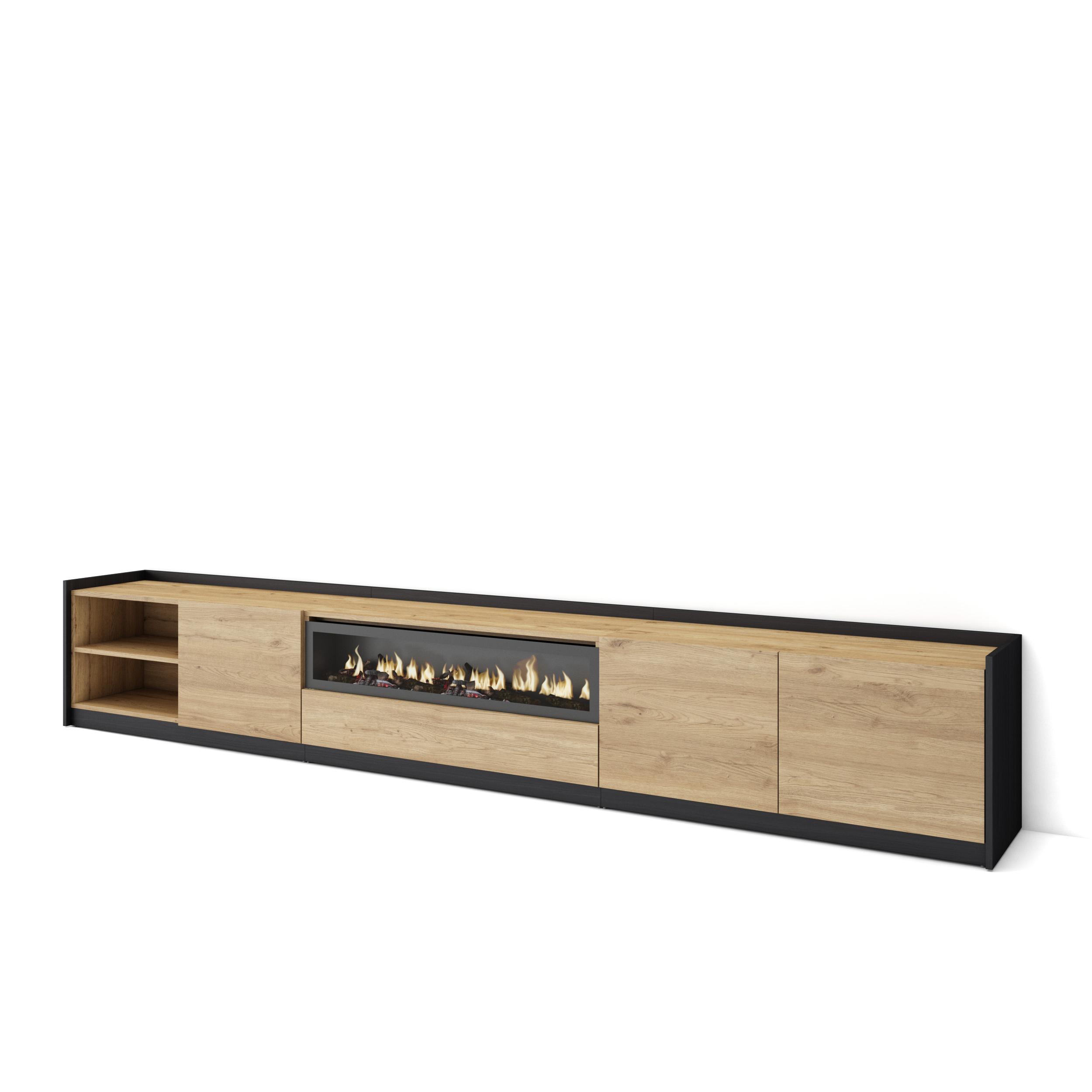 Skraut Home, Mueble TV, Televisión, Muebles de salón, almacenaje, 310x37x50 cm, Para TV hasta 80", Chimenea eléctrica