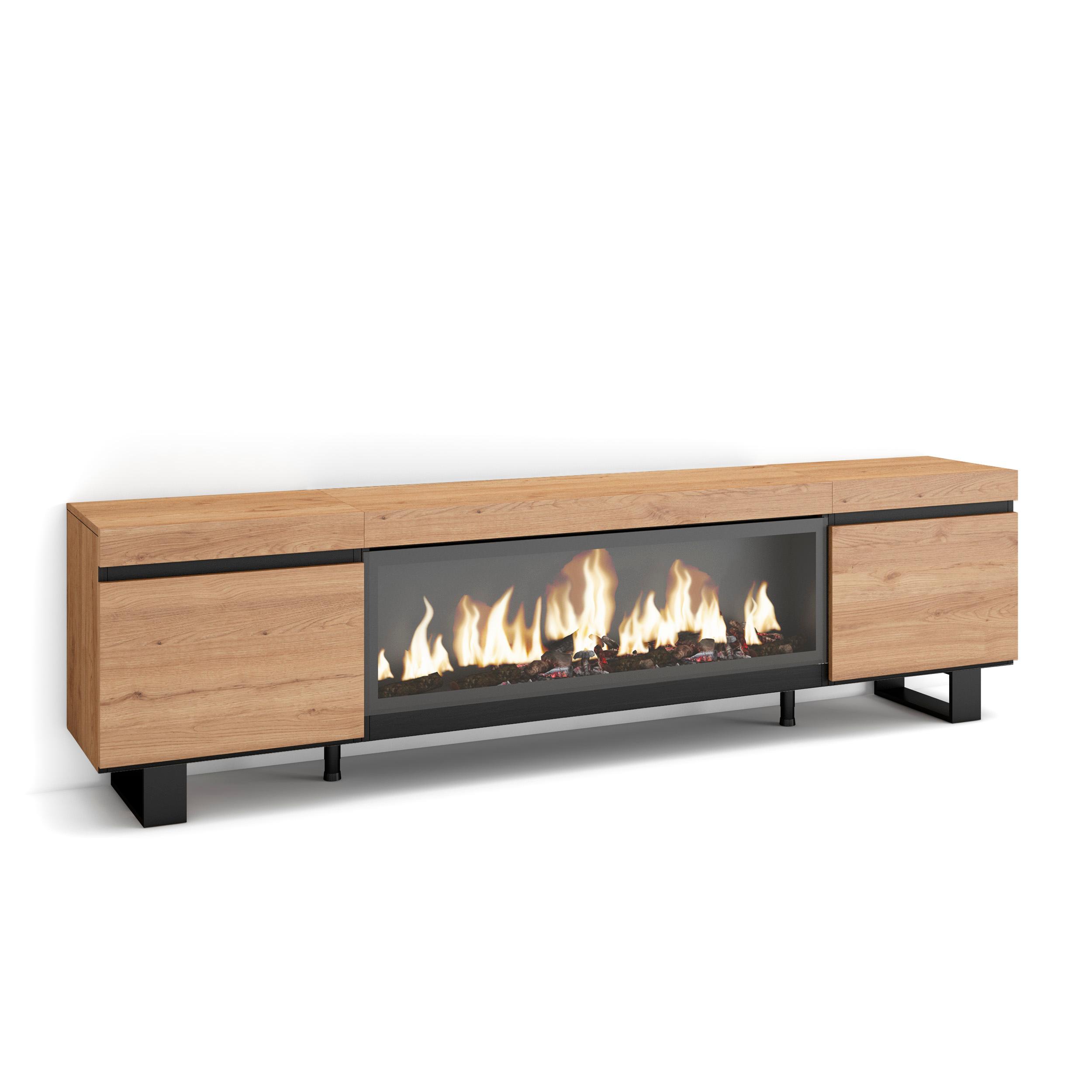 Skraut Home, Mueble Televisión, 208x35x57cm, Fuego Led XXL efecto 3D, Veteado de madera, Tacto poroso de alta calidad