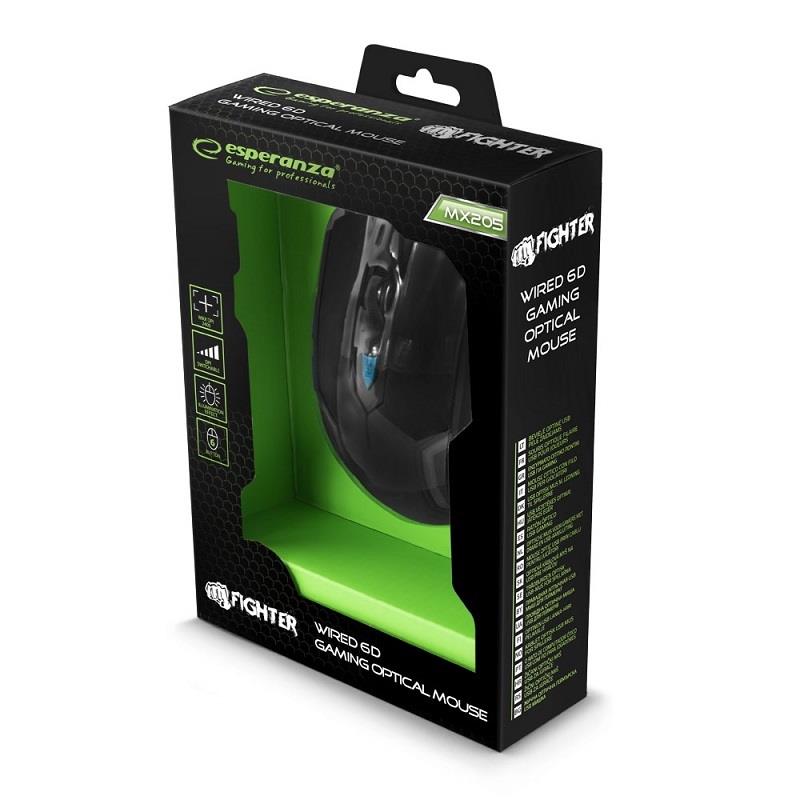 Esperanza Fighter EGM205G Optical Mouse, 2400 DPI, Wired, Black, 6 Buttons, Palm Grip, USB 2.0, Perfect for Gaming and Everyday Use, Ideal gaming mouse for enhanced performance and precision.