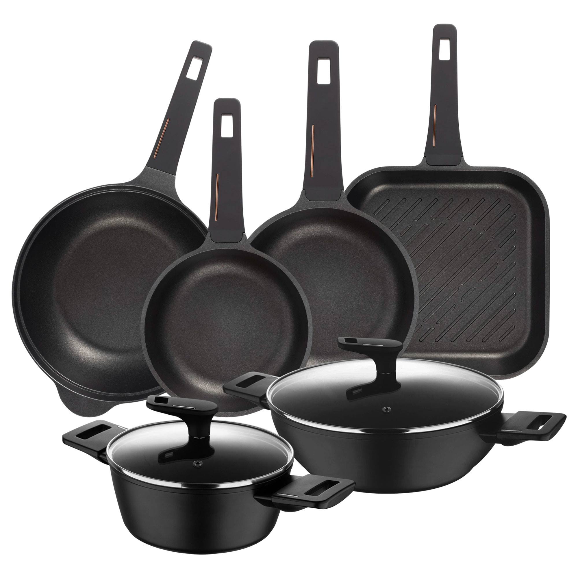 Juego de 2 Sartenes Ø20Ø24cm + Sartén Grill 28x28cm en aluminio fundido color Negro Copper Bergner