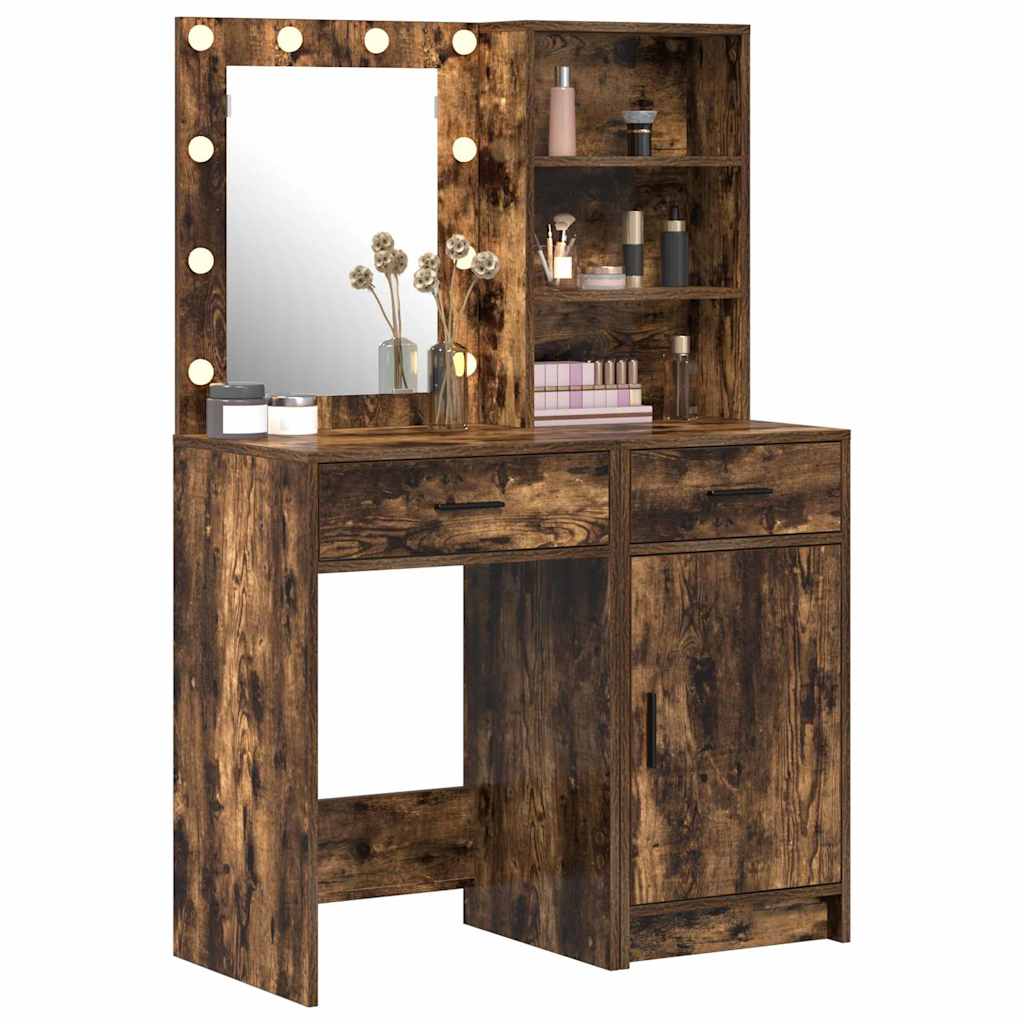 vidaXL Conjunto de mesa de vestidor con LED 2 pcs Roble ahumado