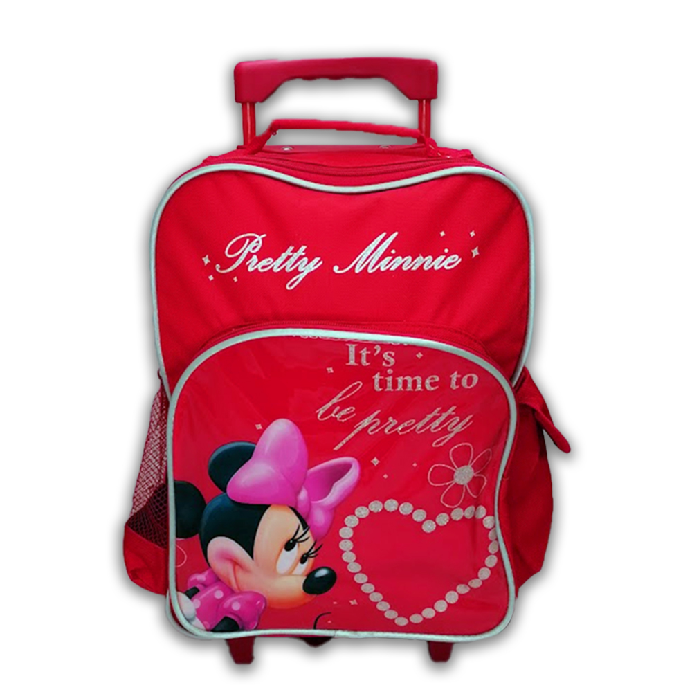 Mochila Escolar Minnie Mouse Disney con Carro de Ruedas y Bolsillos Laterales en color Rojo de Coriex