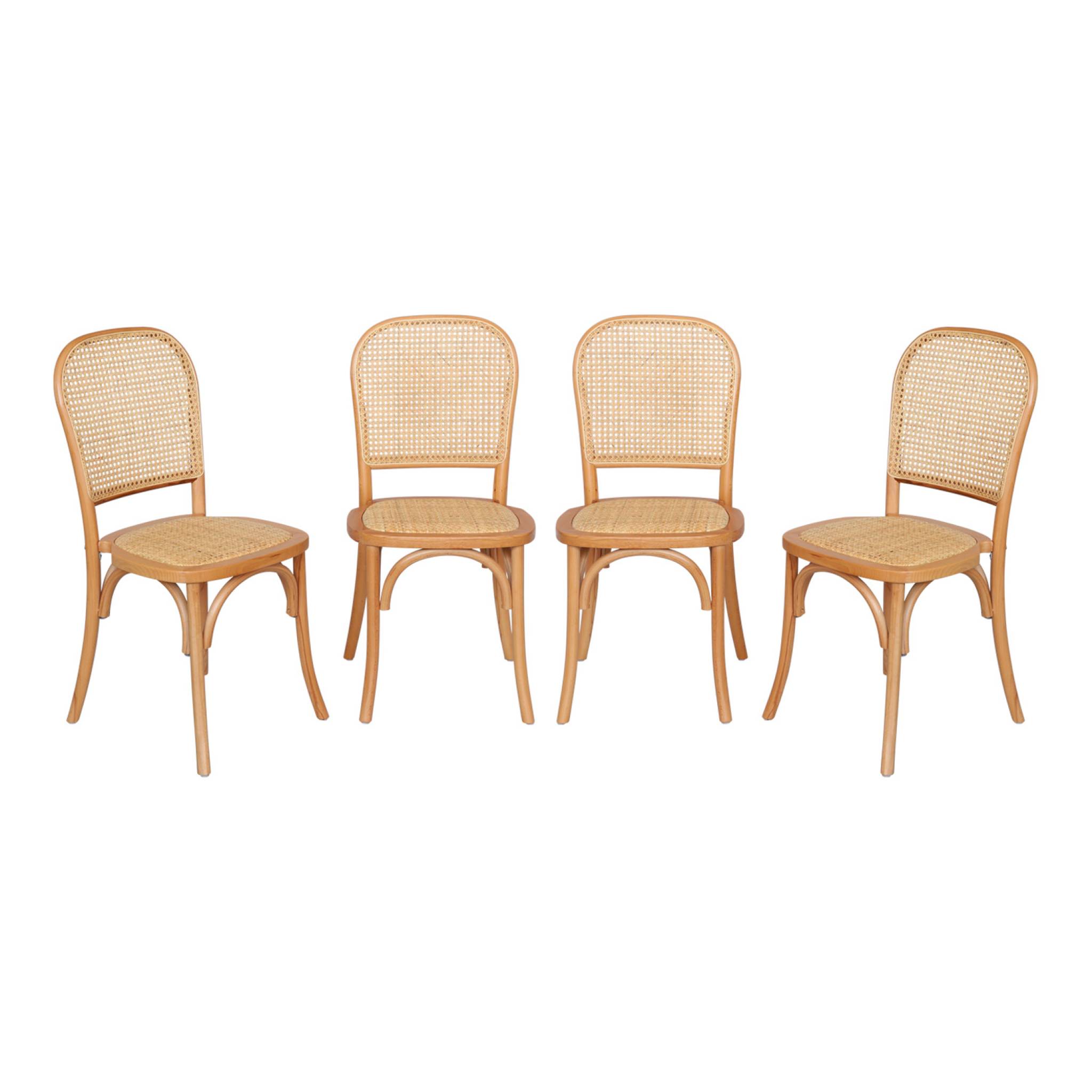 Sillas de madera y ratán vintage, set de 4