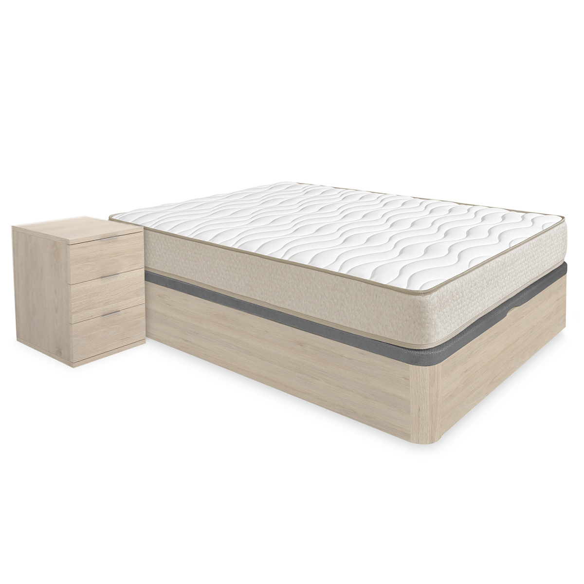 Pack ahorro matrimonio Canapé Round Roble con Colchón viscoelástico Nova Plus 135 x 190 cm y 2 Mesitas de noche Rio| Montaje Incluido (Solo canapé)